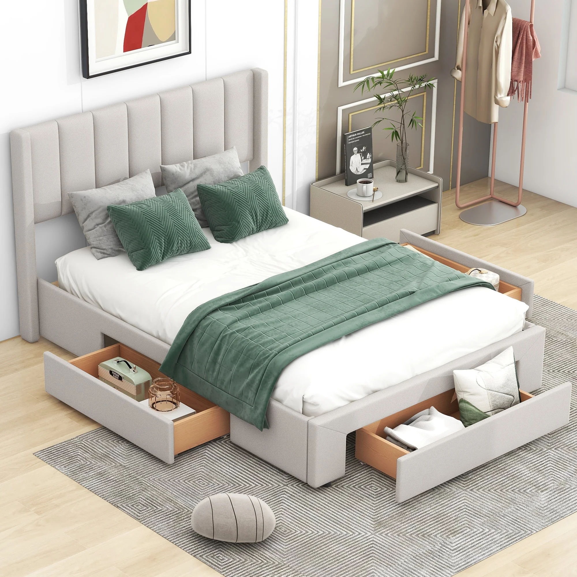 Upholstered Platform Bed with Drawer