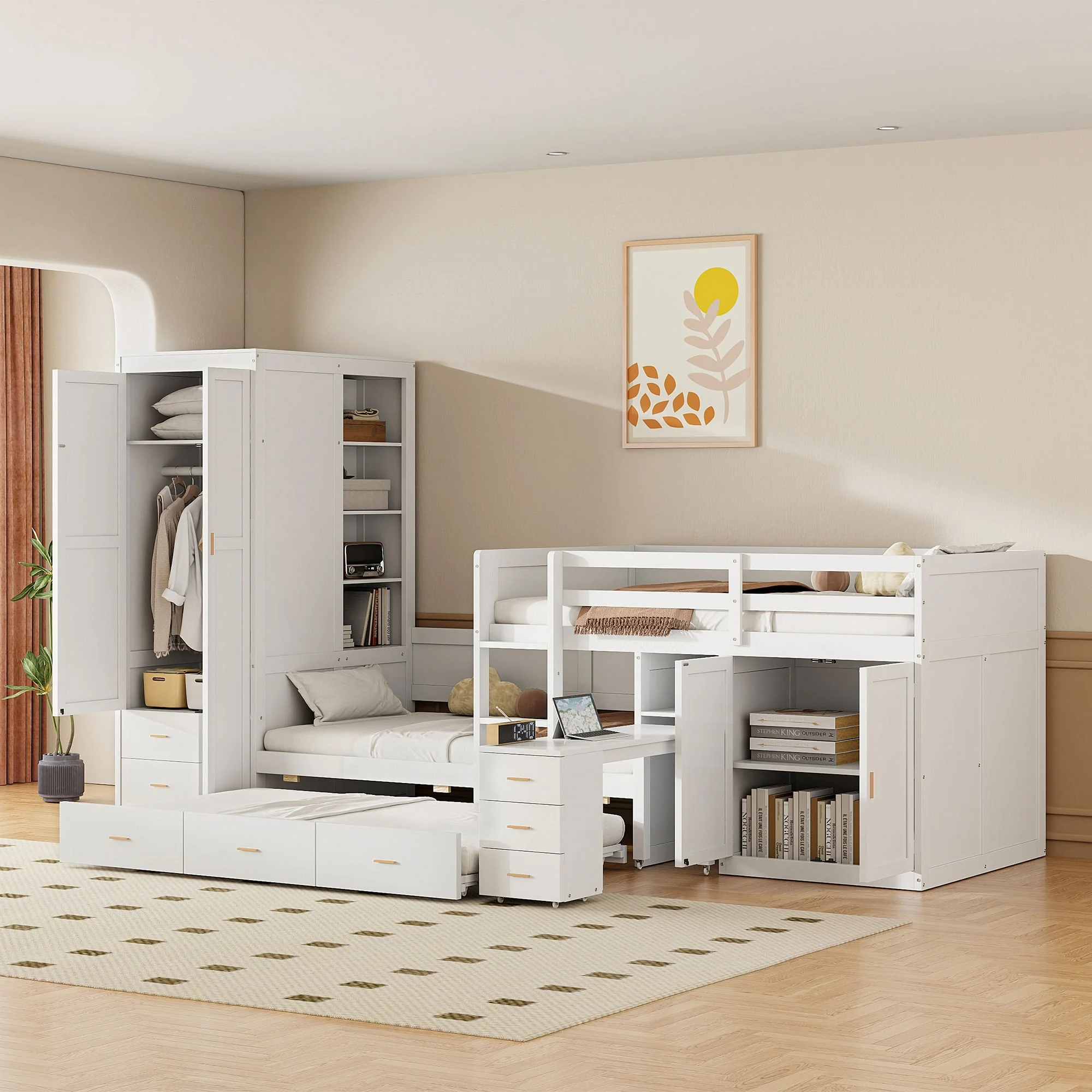 Wooden Bunk Bed with Trundle