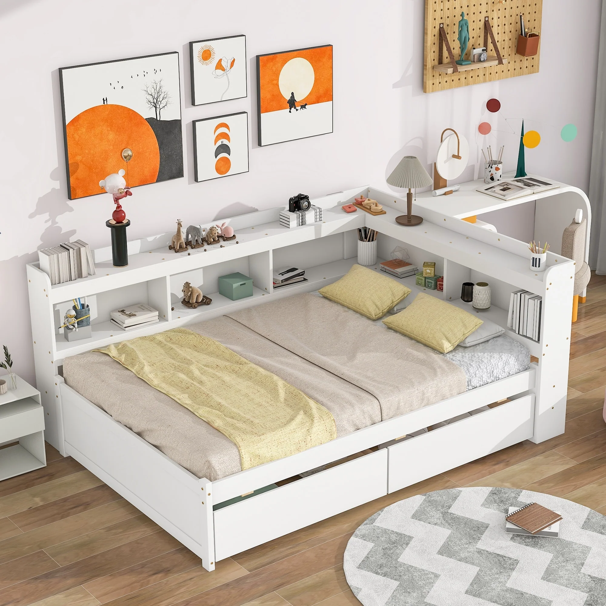 Bed with L-shaped Bookcases