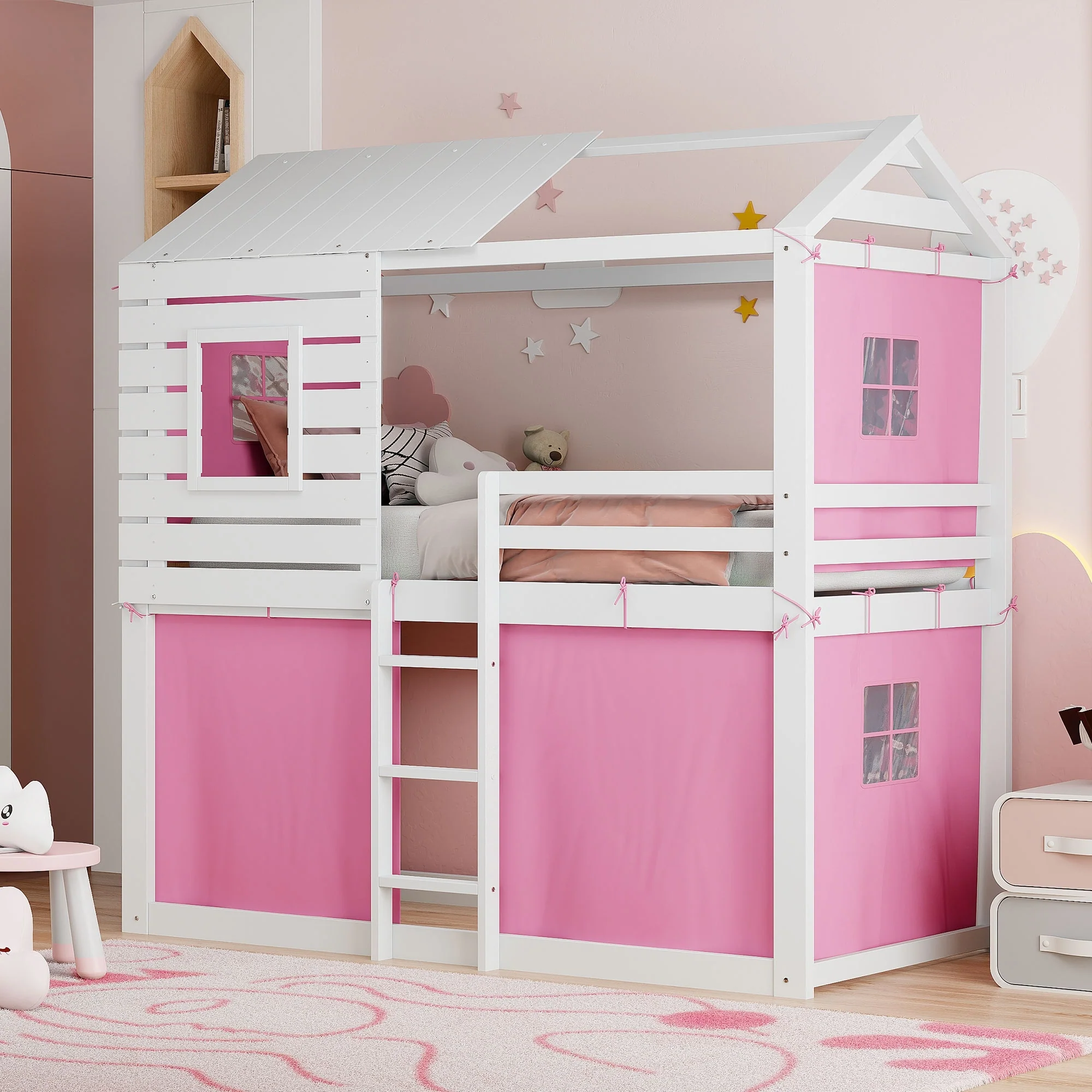 Bunk Wood House Bed with Tent