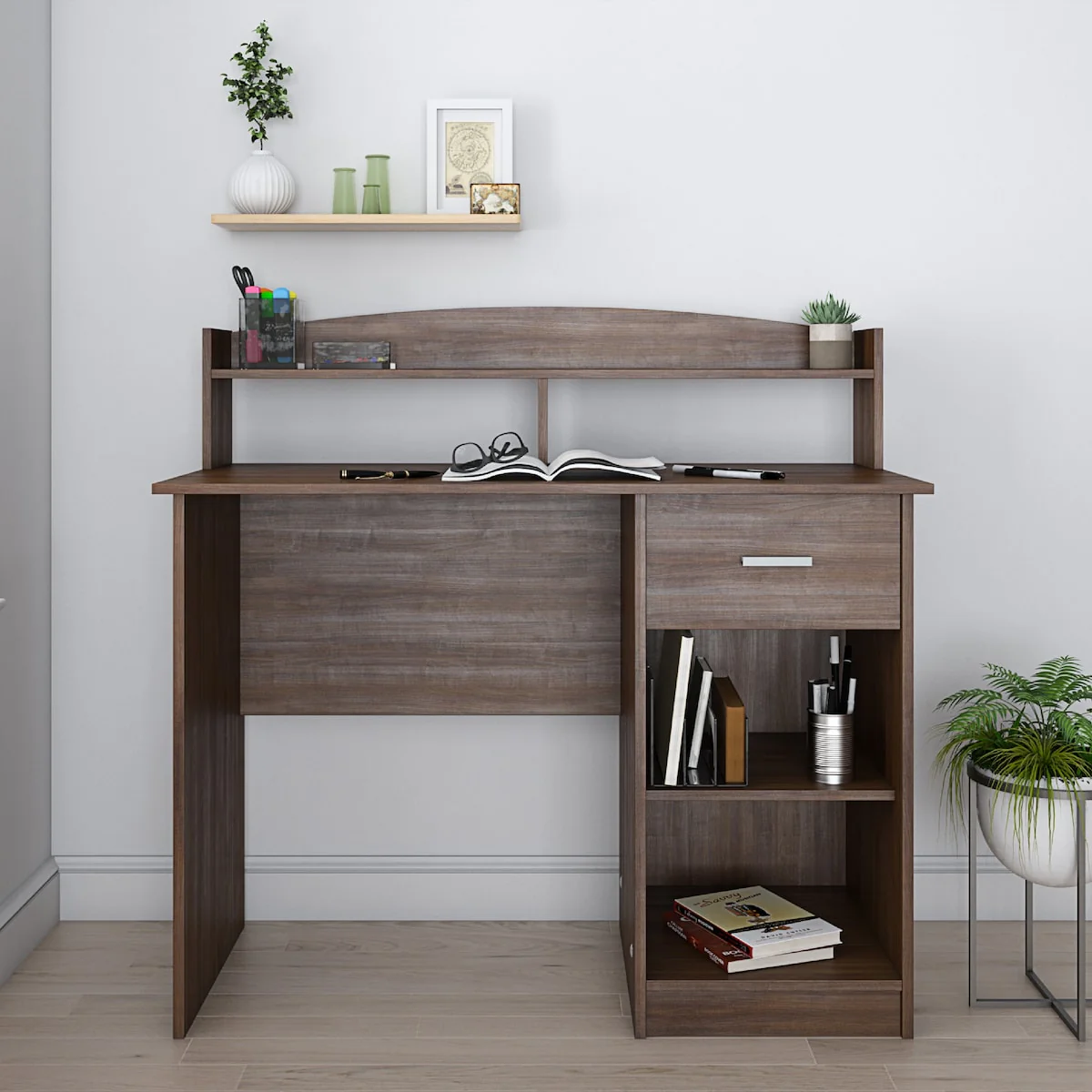 Modern Office Desk with Hutch, Oak