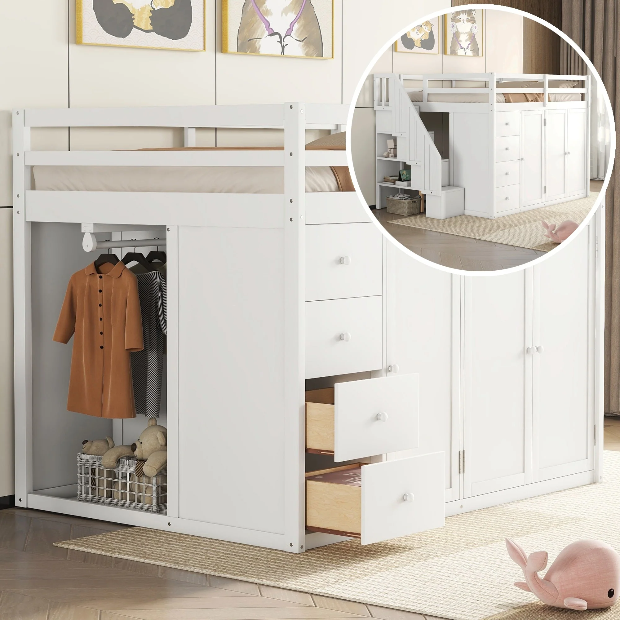 Wood Loft Bed With Built-in Wardrobes