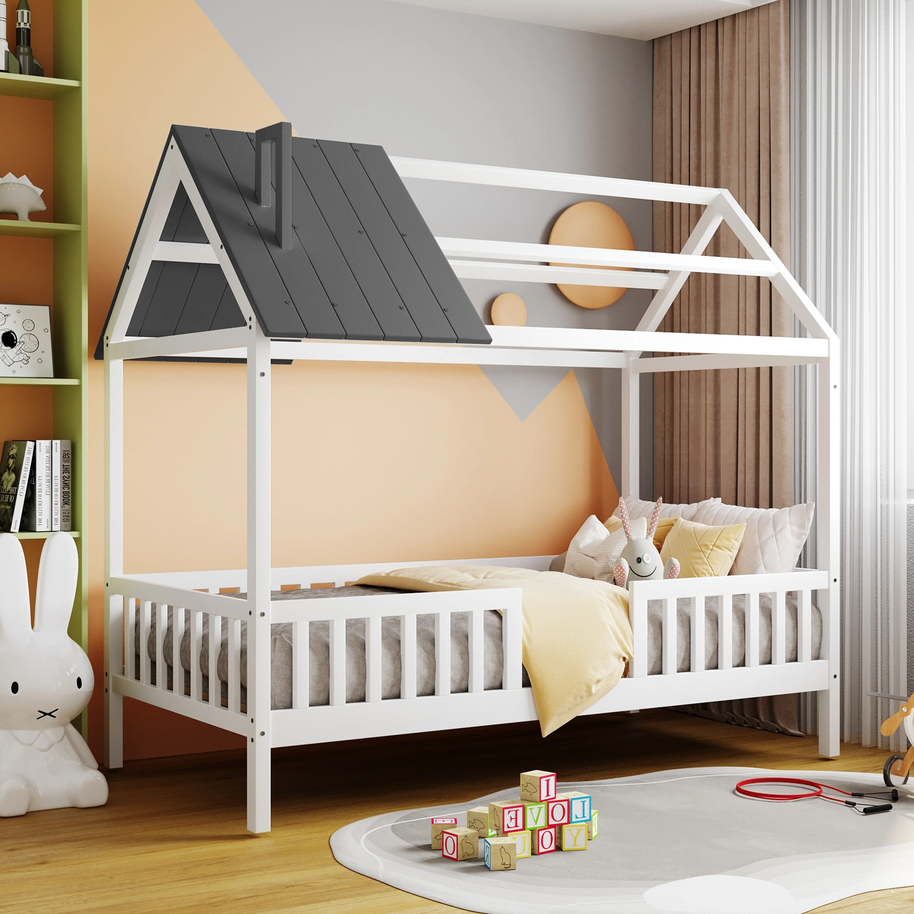 Wood House Bed with Fence
