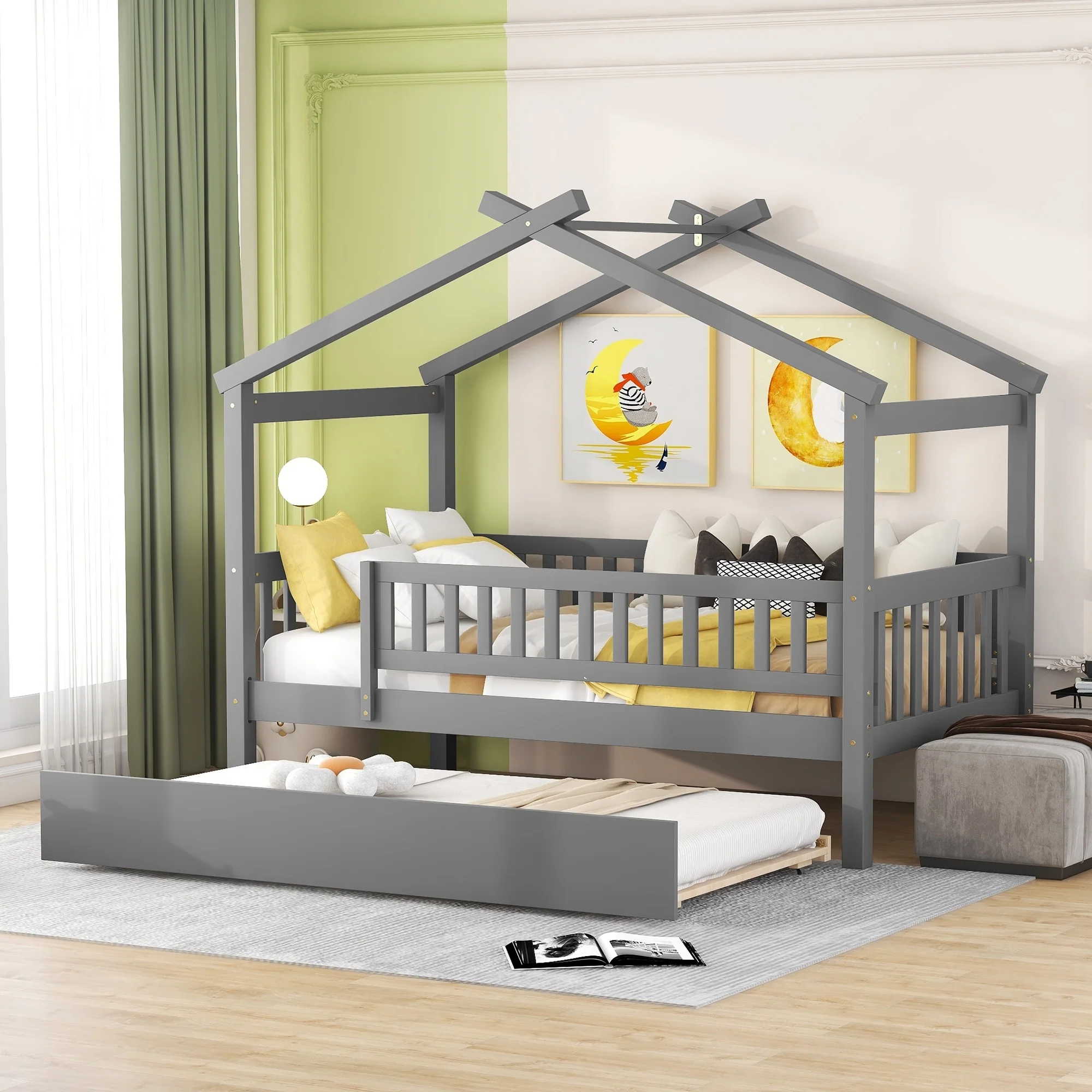 Wooden House Bed with Trundle
