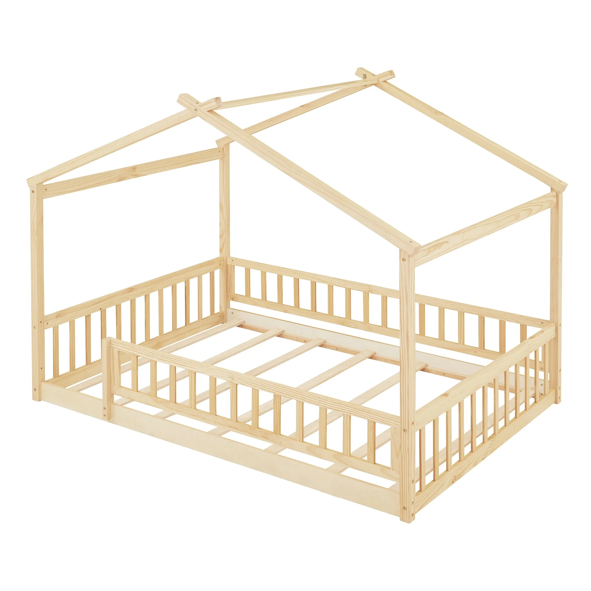 Wood Bed House Bed Frame with Fence