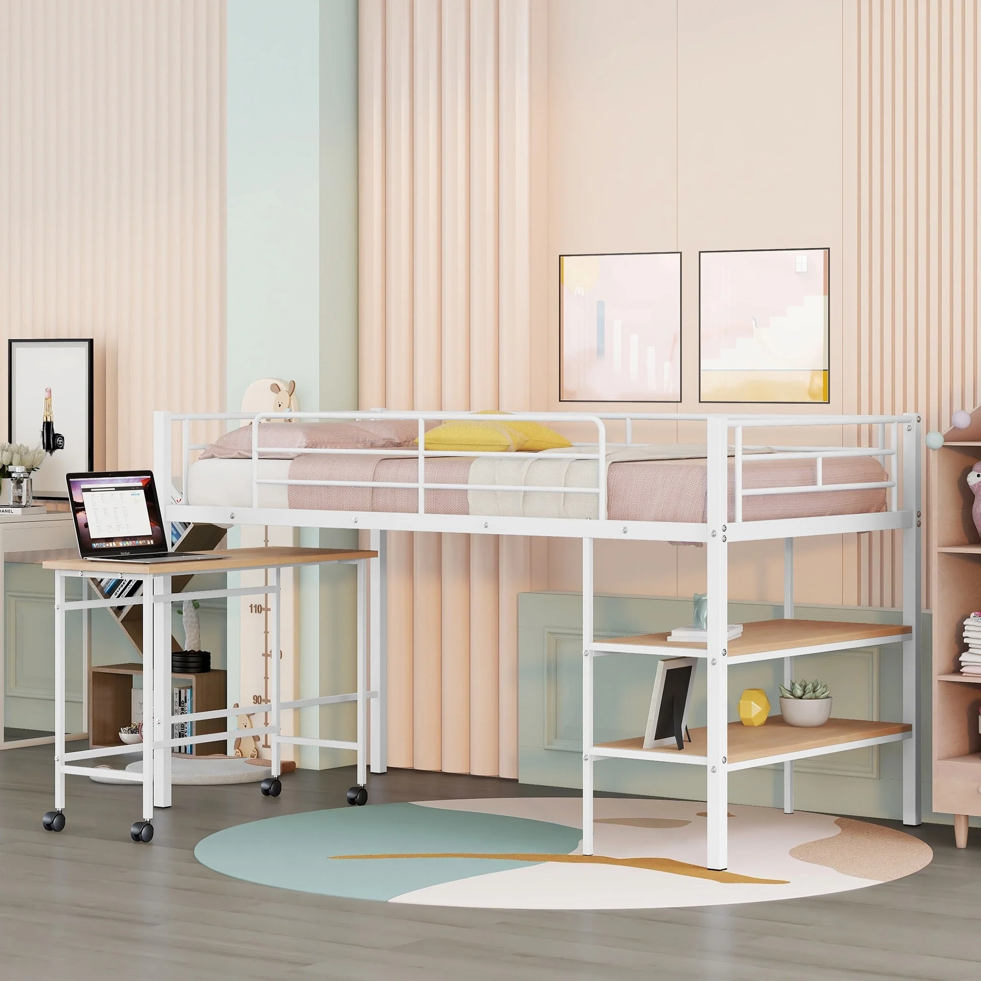 Metal Loft Bed with Desk and Shelves