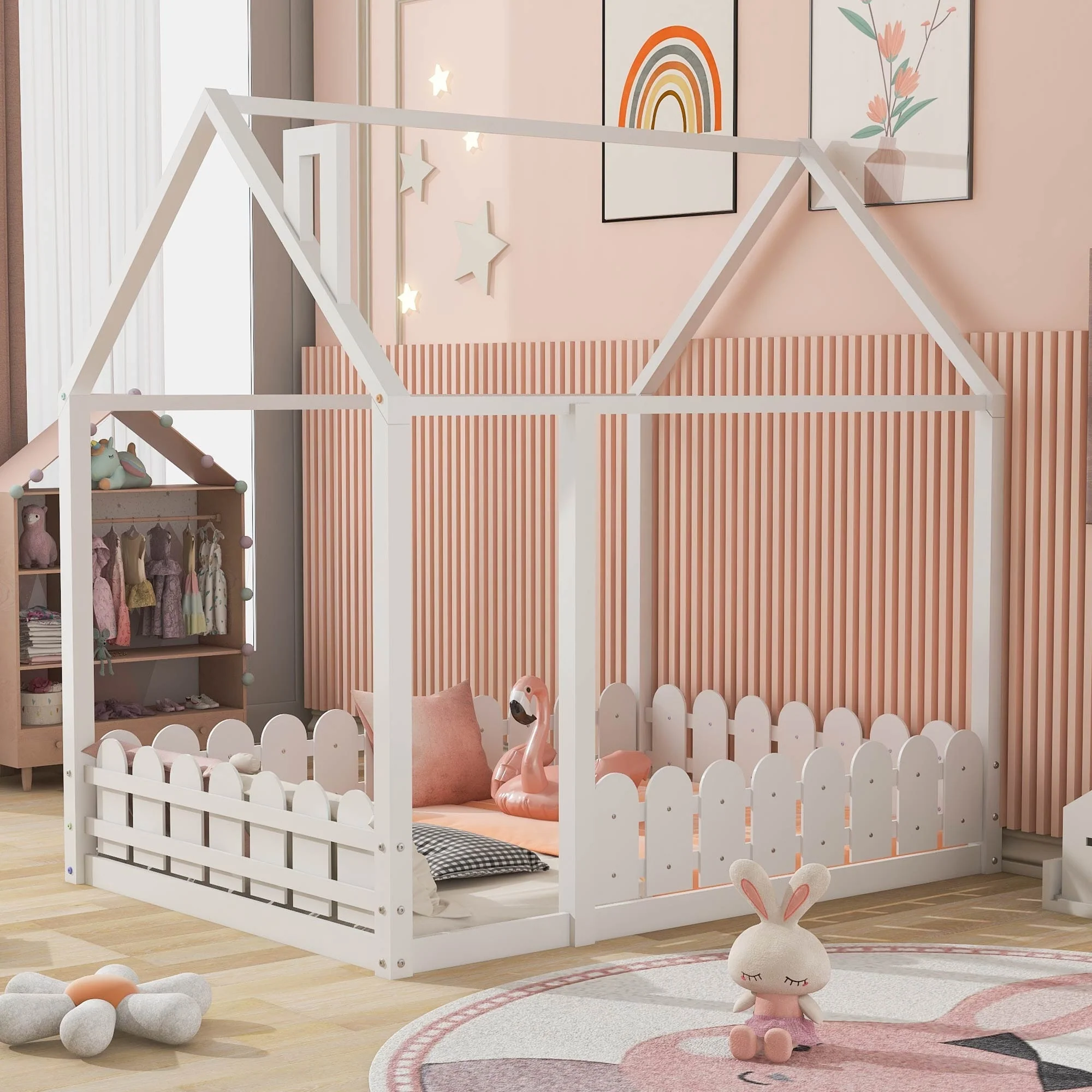 Wood Bed House Bed Frame with Fence