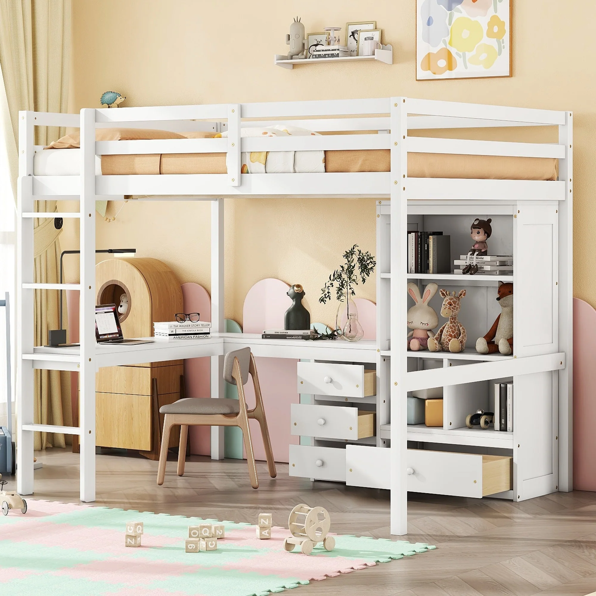 Loft Wood Bed with Desk