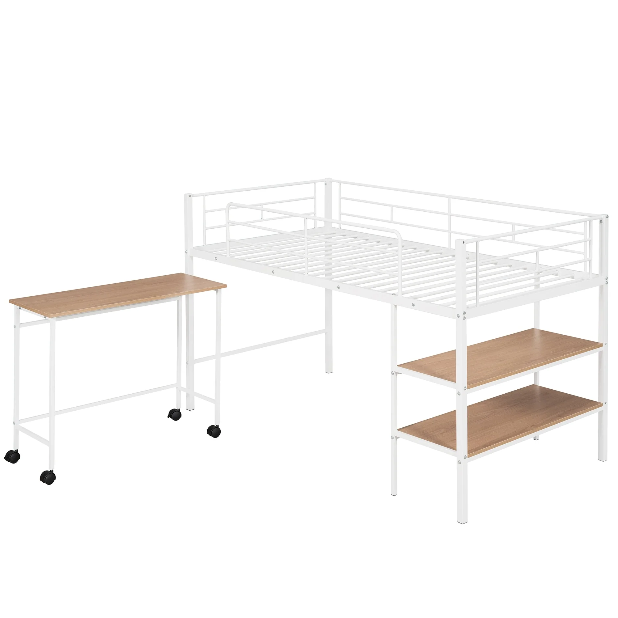 Metal Loft Bed with Desk and Shelves