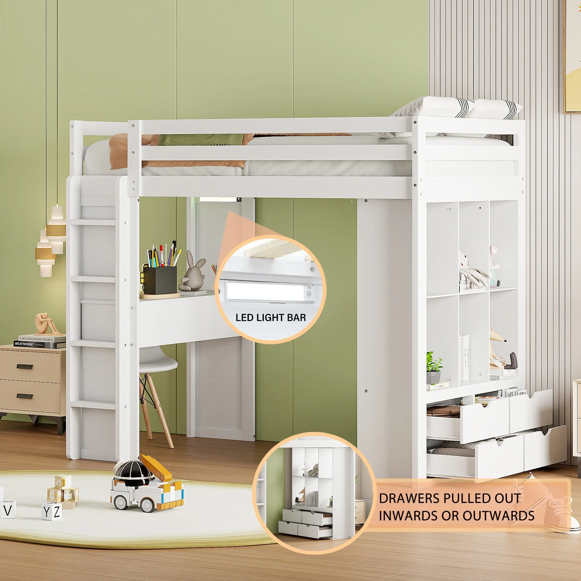 Loft Bed with large shelves