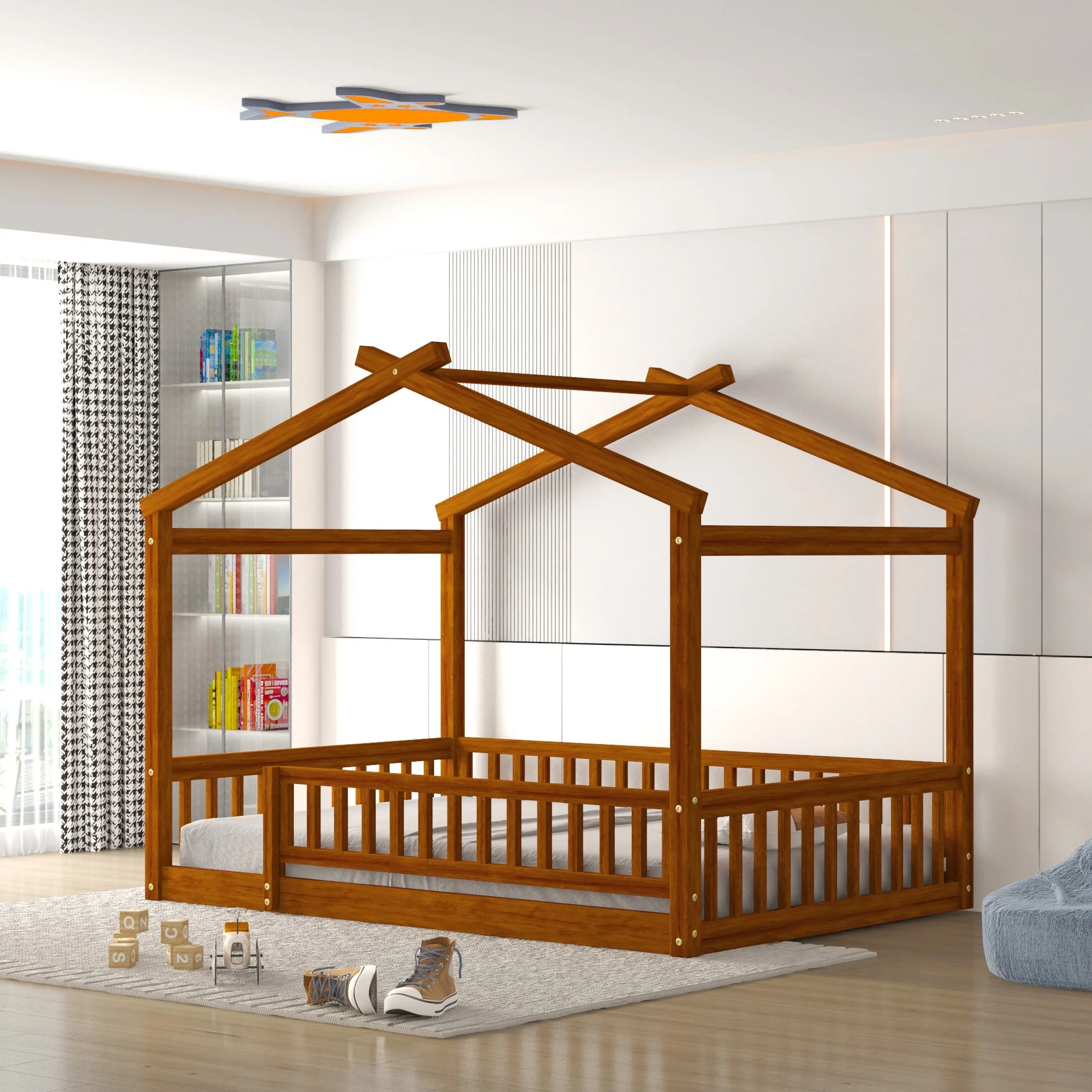 Wood Bed House Bed Frame with Fence