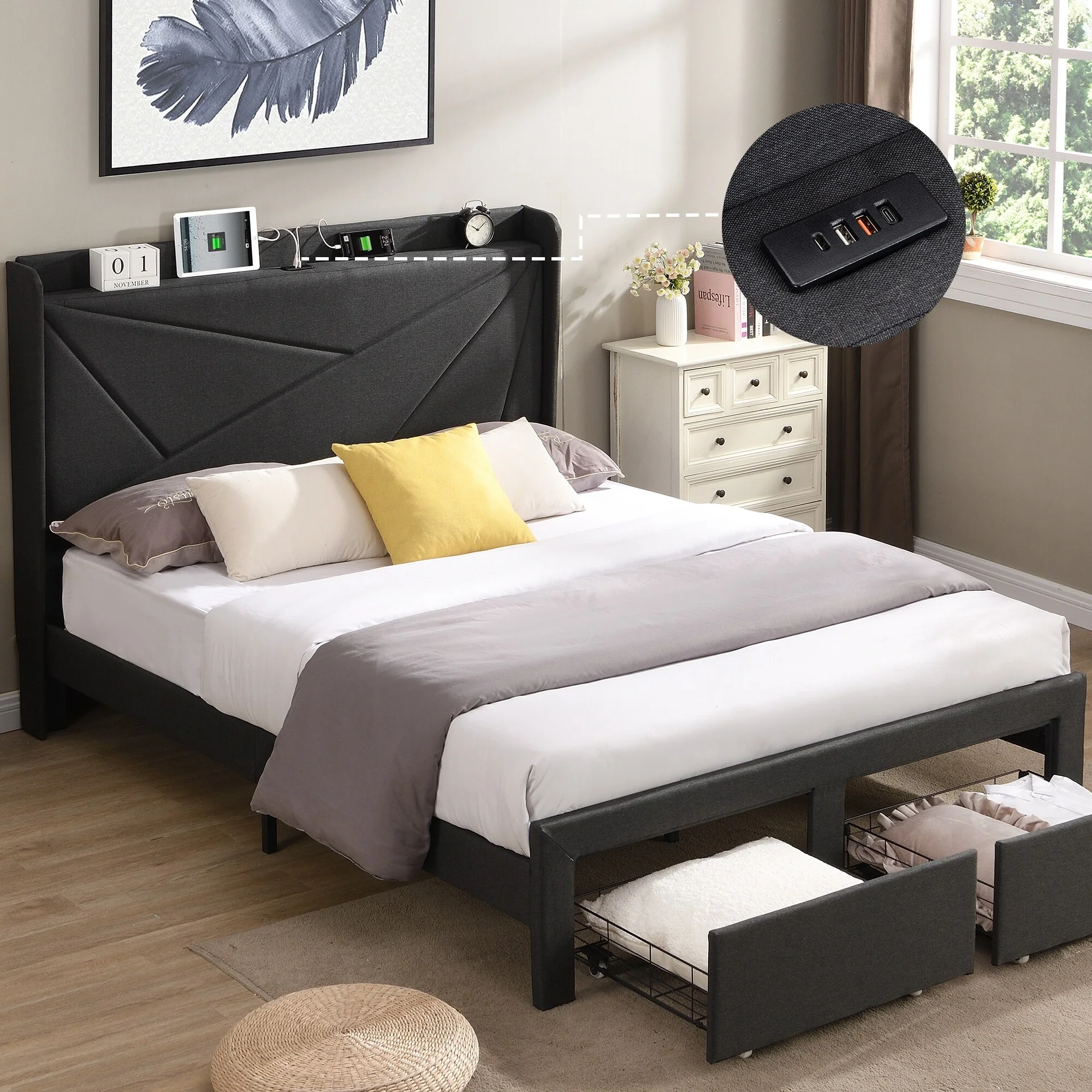 Gray Queen Platform Bed, 2 Drawers