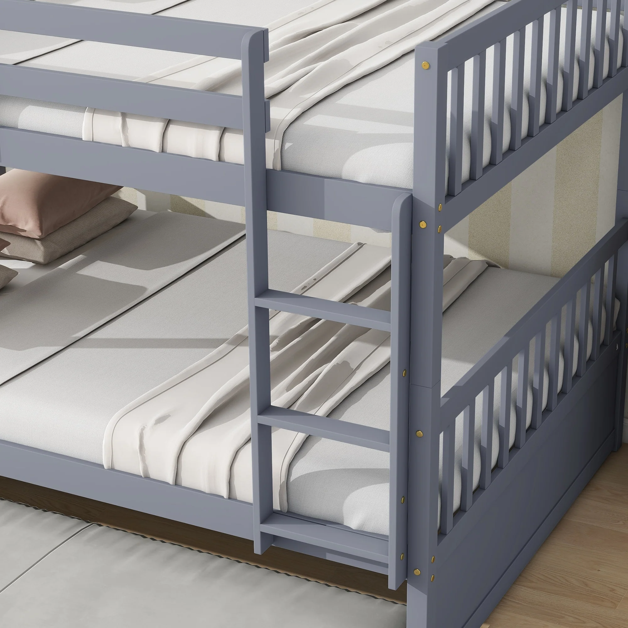 Rubber Wood Bunk Bed with Trundle