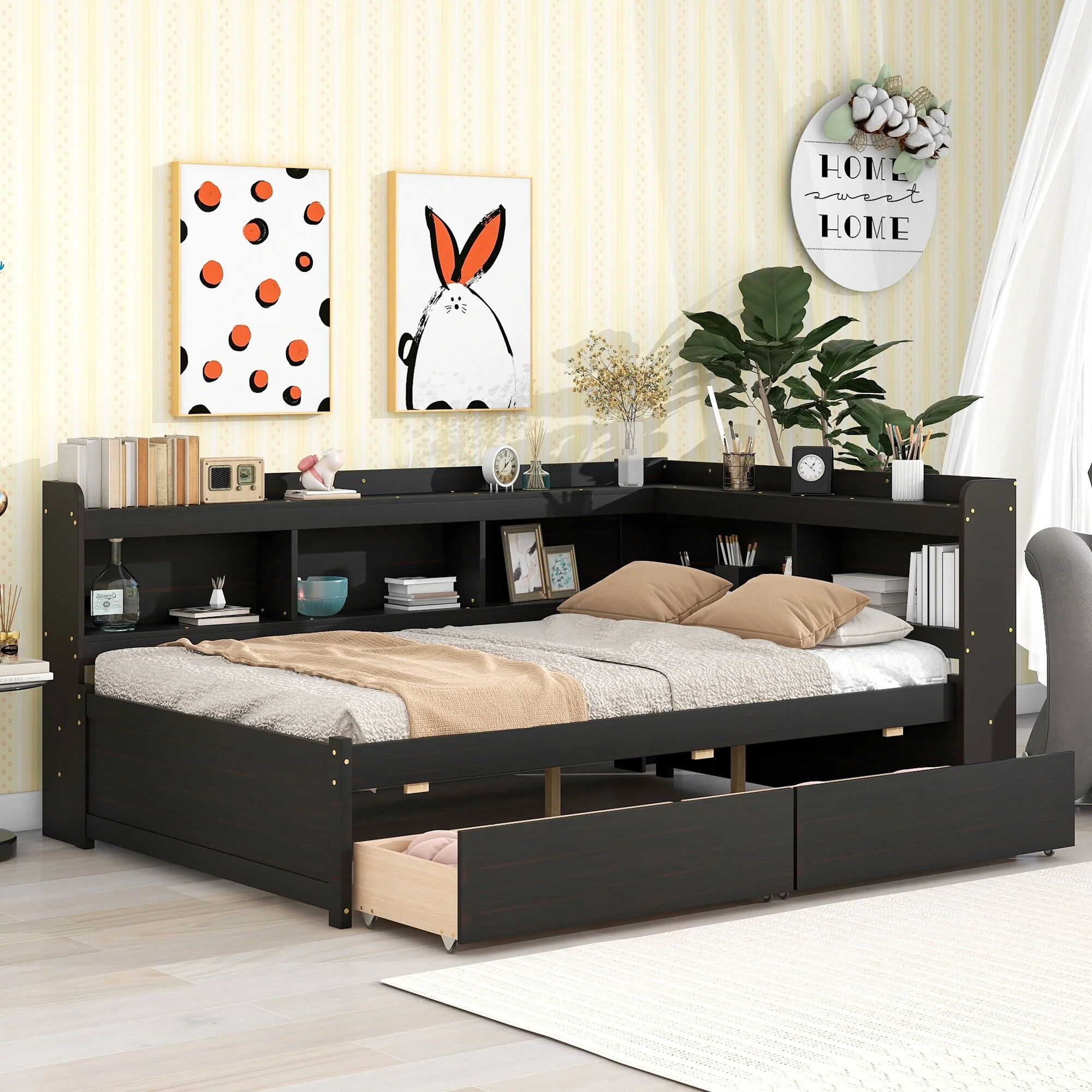 Bed with L-shaped Bookcases