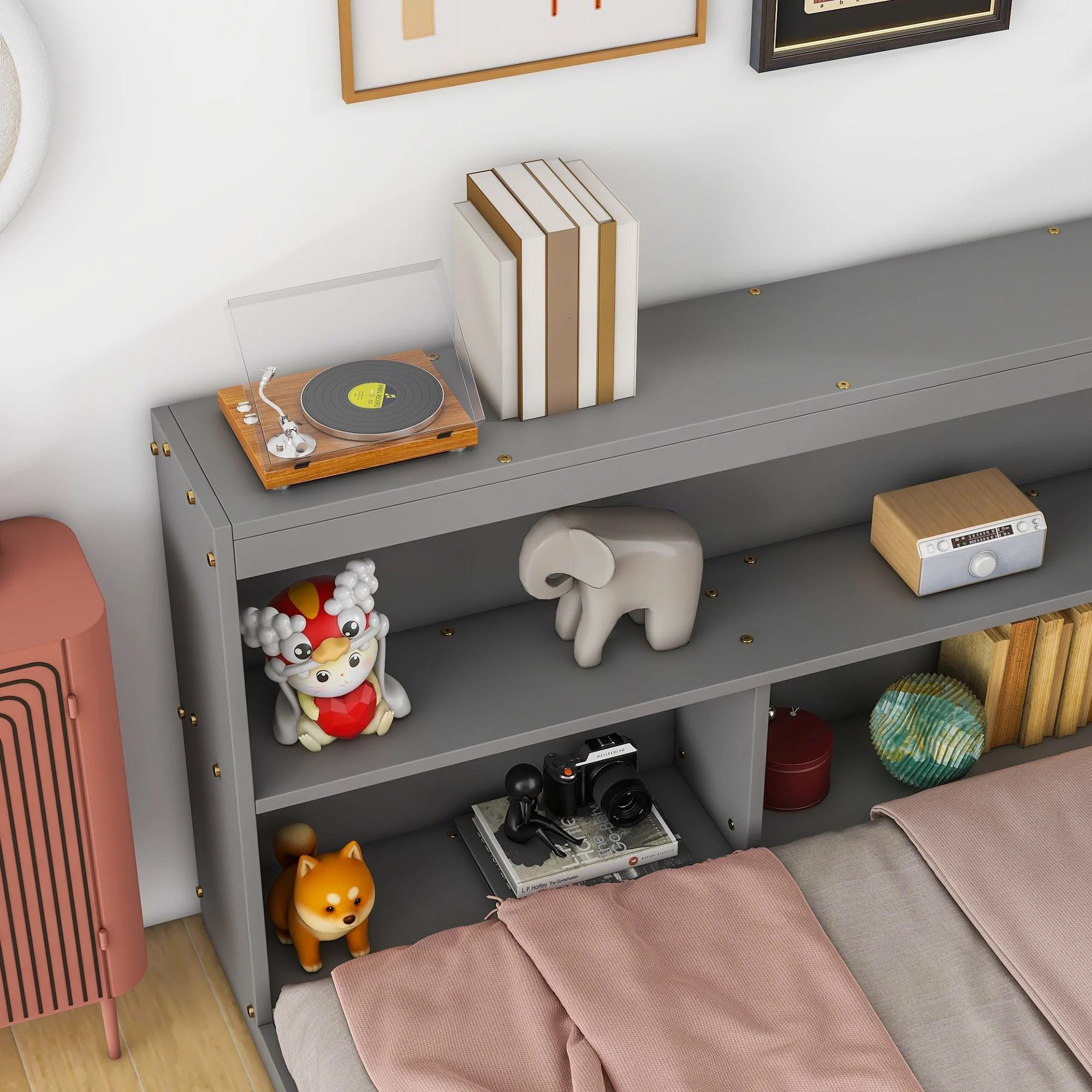 Floor Bed with L-shaped Bookcases