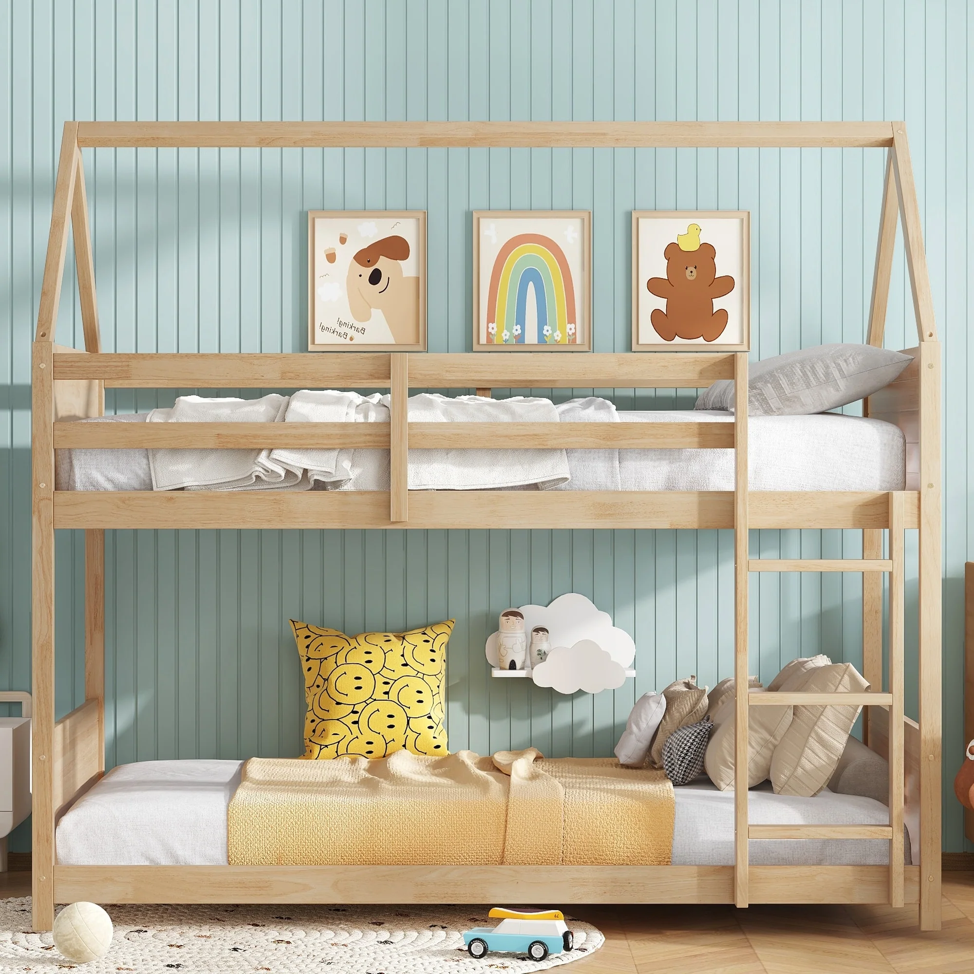 House Floor Bunk Bed with Headboards
