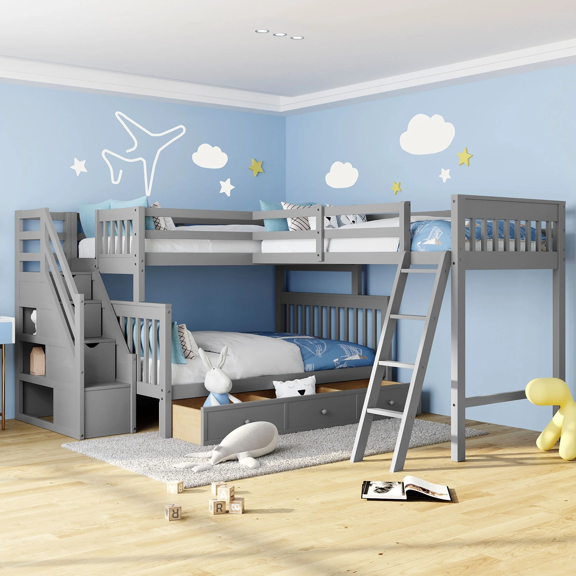 over L-Shaped Bunk Bed With 3 Drawers