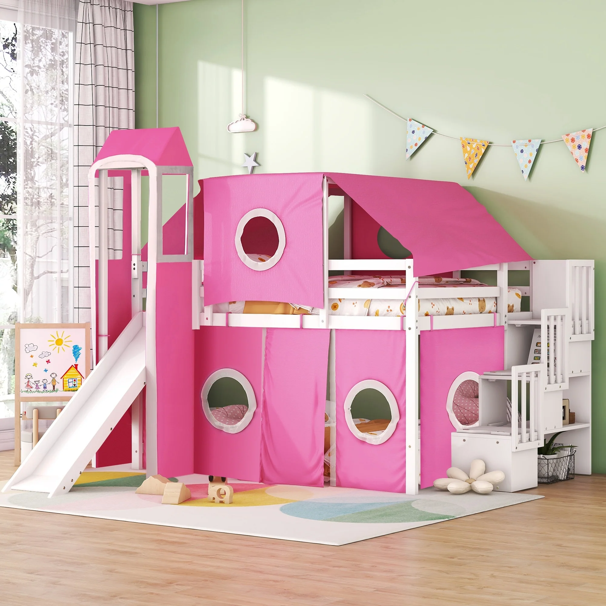 Loft Bed with Tent and Tower - Pink