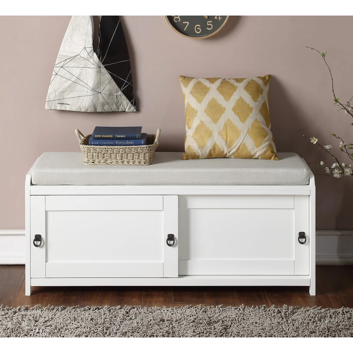 Wood Storage Bench with 2 Cabinets