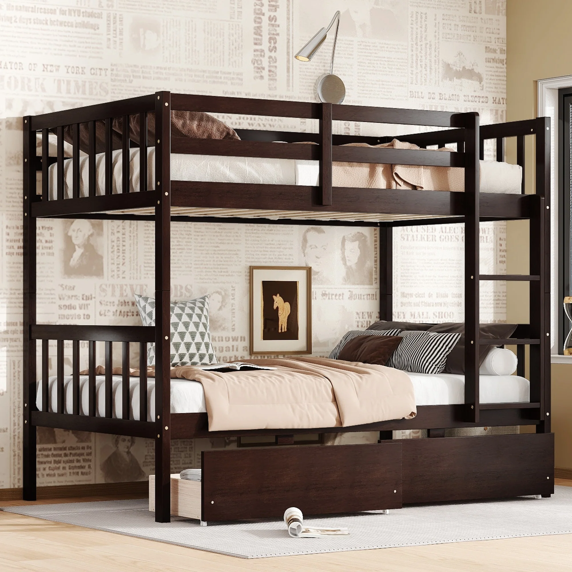 Rubber Wood Bunk Bed with 2 Drawers