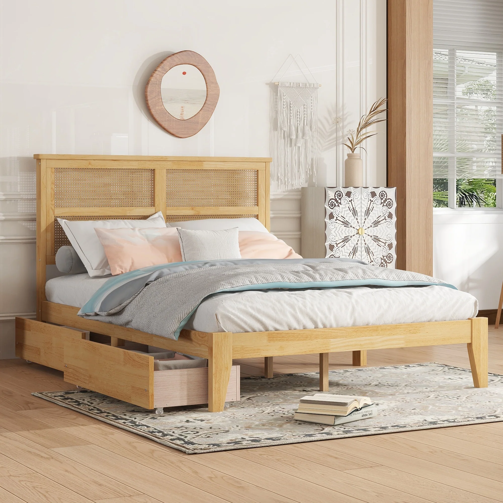 Bed with Rattan Headboard