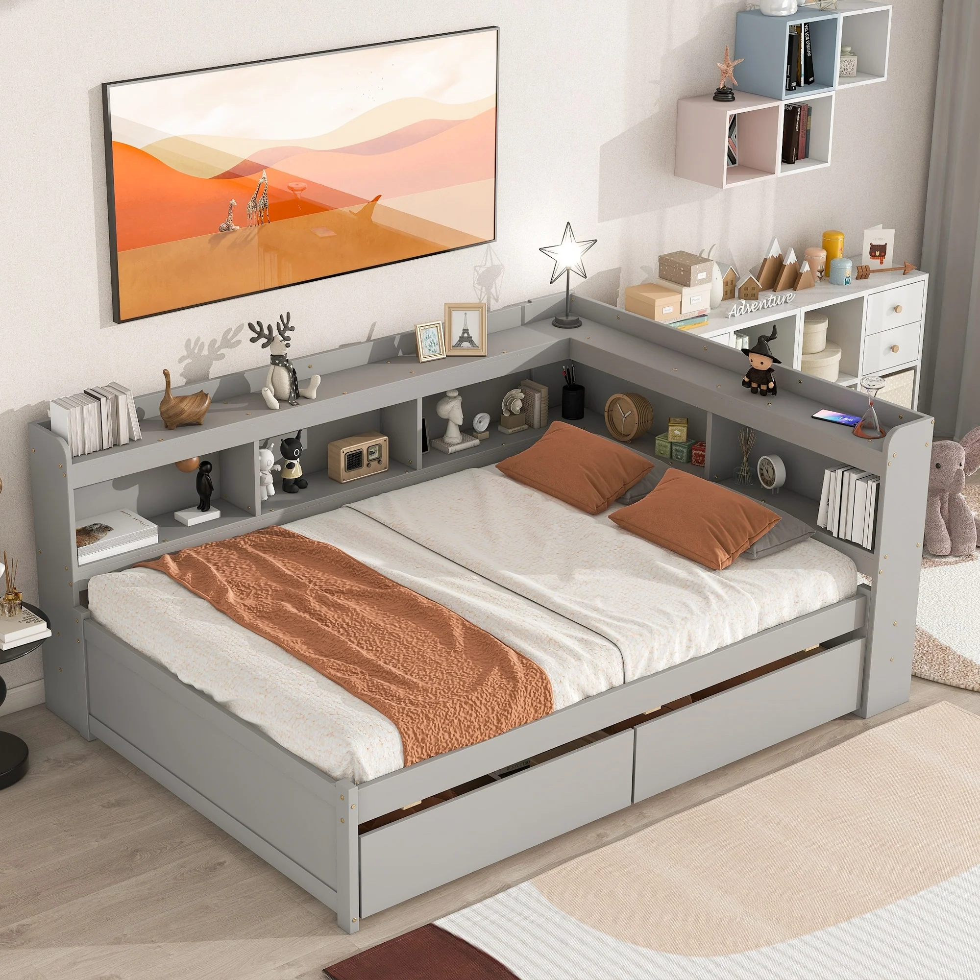 Bed with L-shaped Bookcases