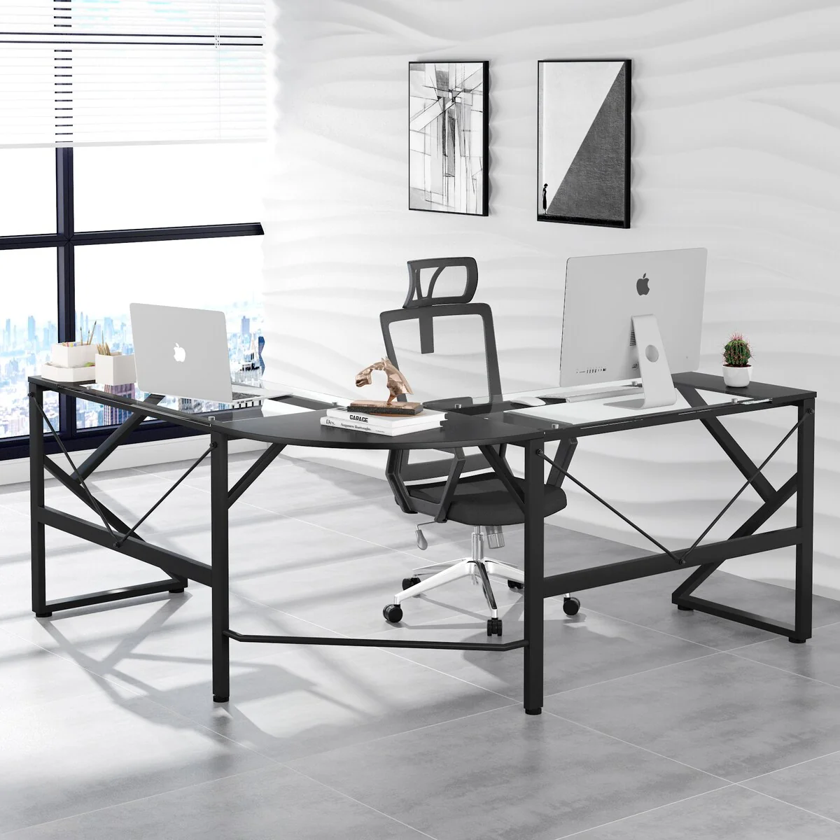 L Shaped Desk with Clear Glass Top