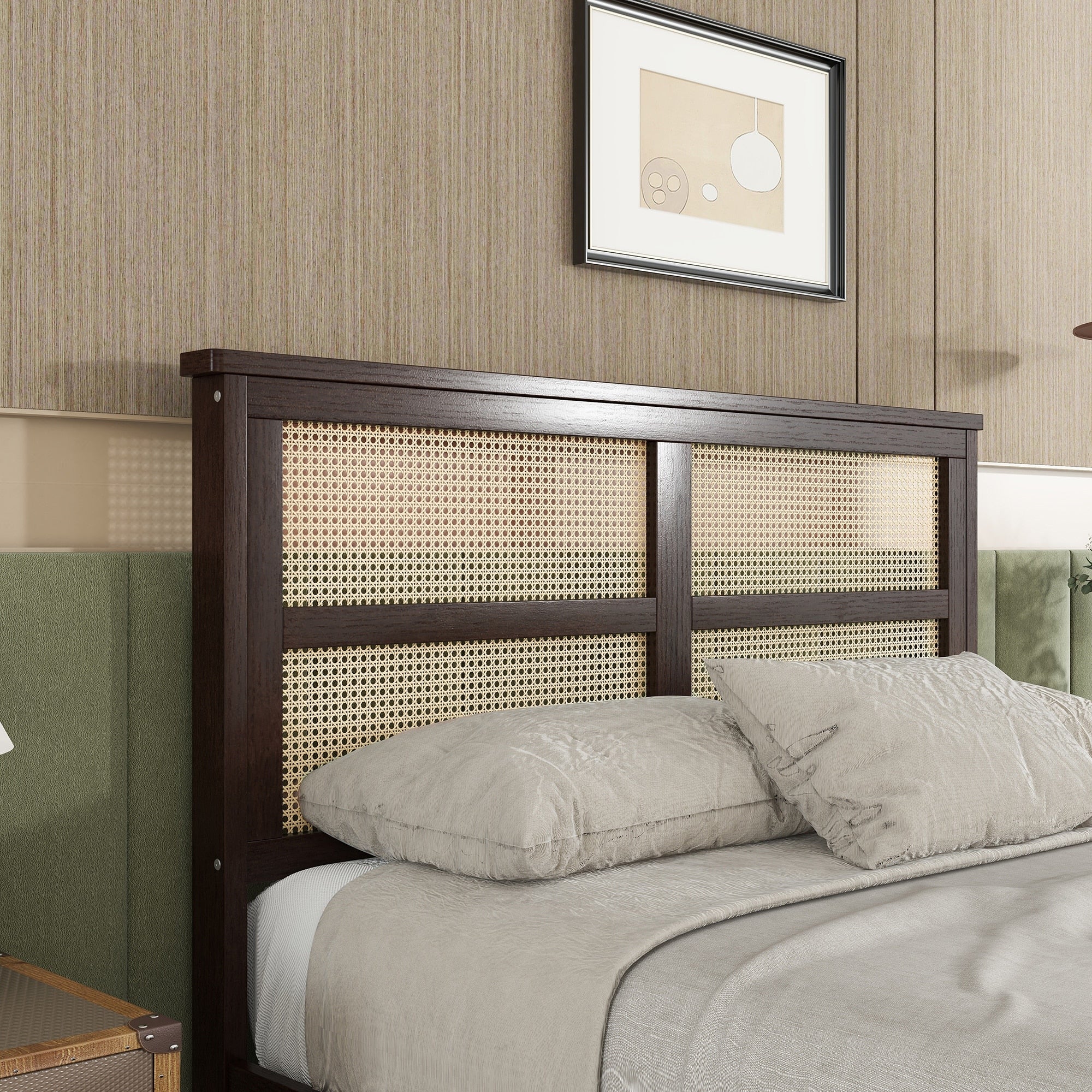 Bed with Rattan Headboard