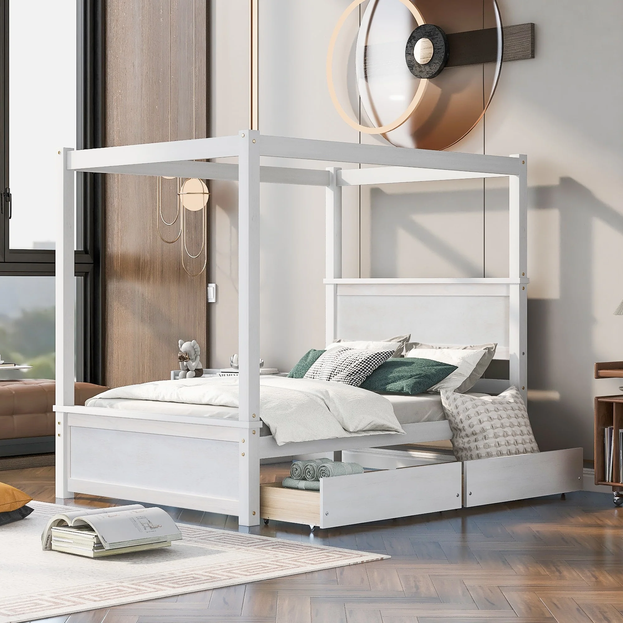 Wood Canopy Bed with two Drawers