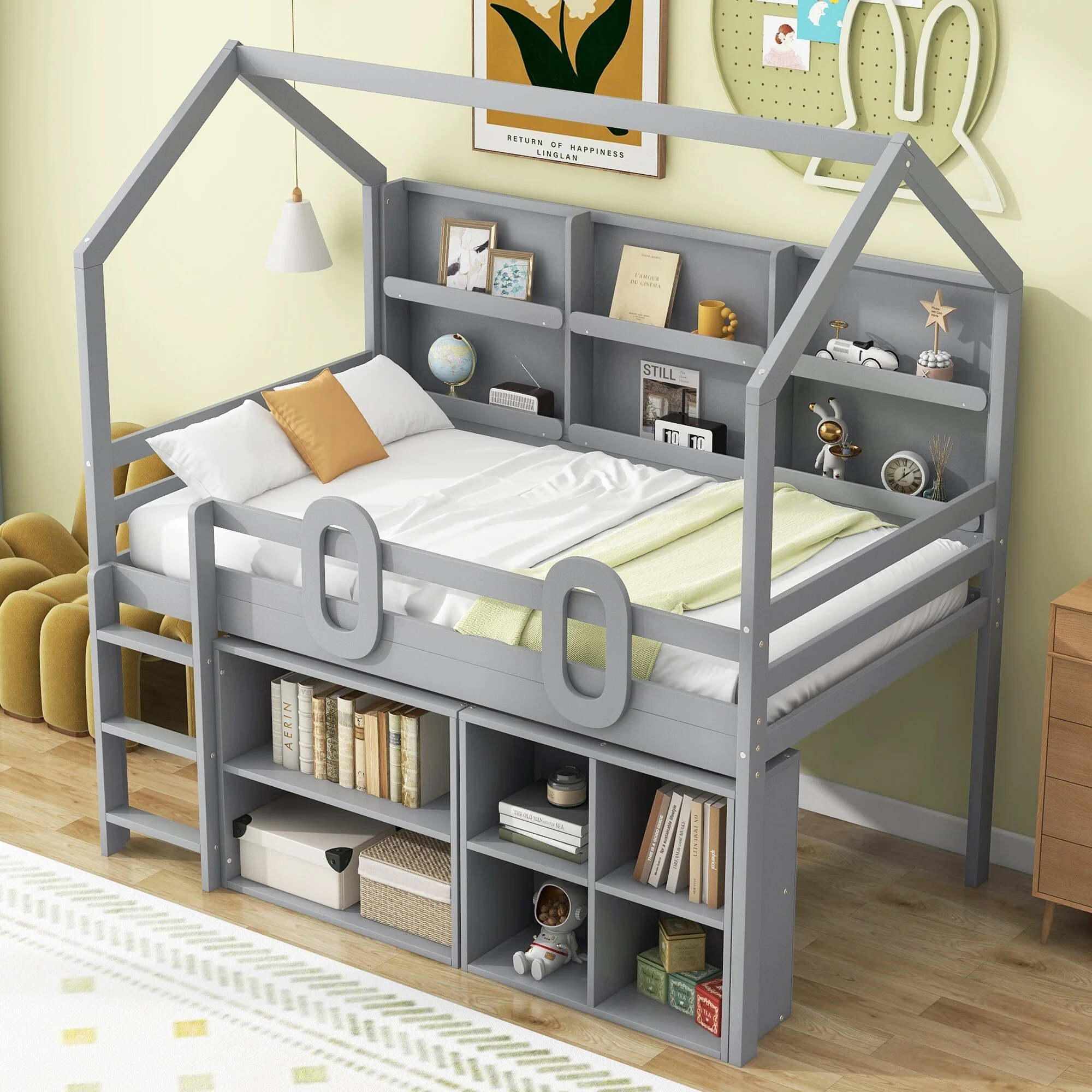 Grey Twin Solid Wood House Loft Bed