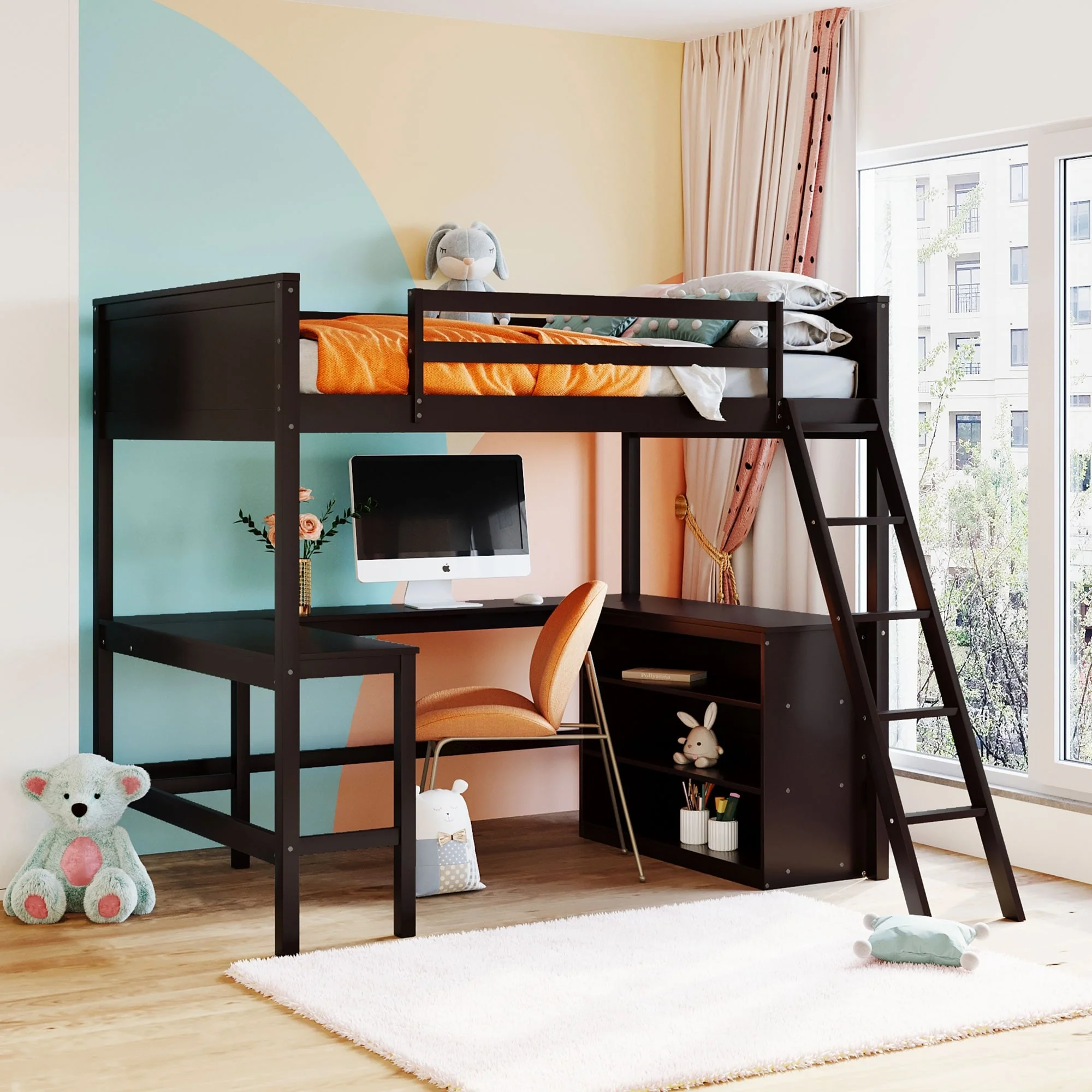 Loft Bed with Shelves and Desk