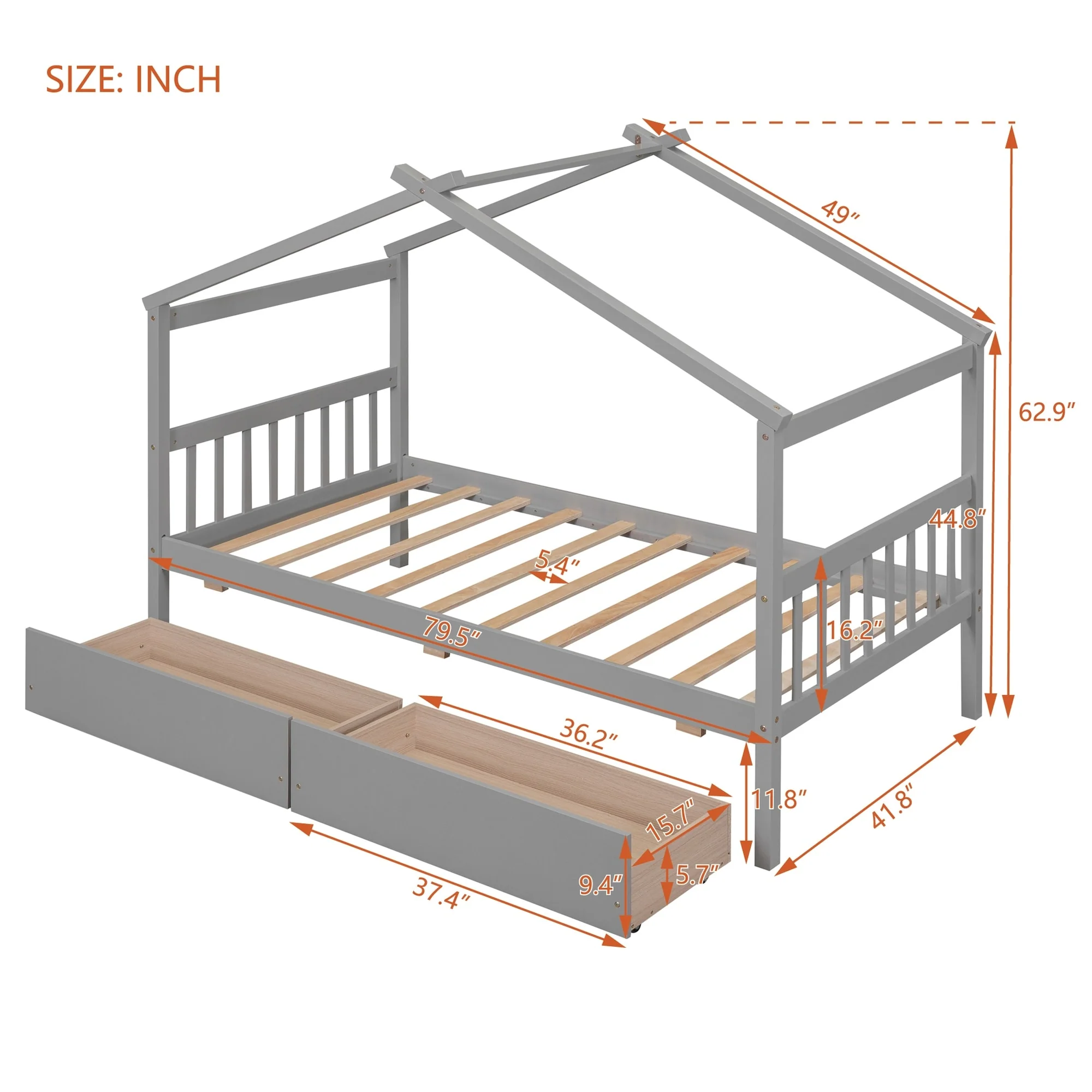 Wooden House Bed with Drawers