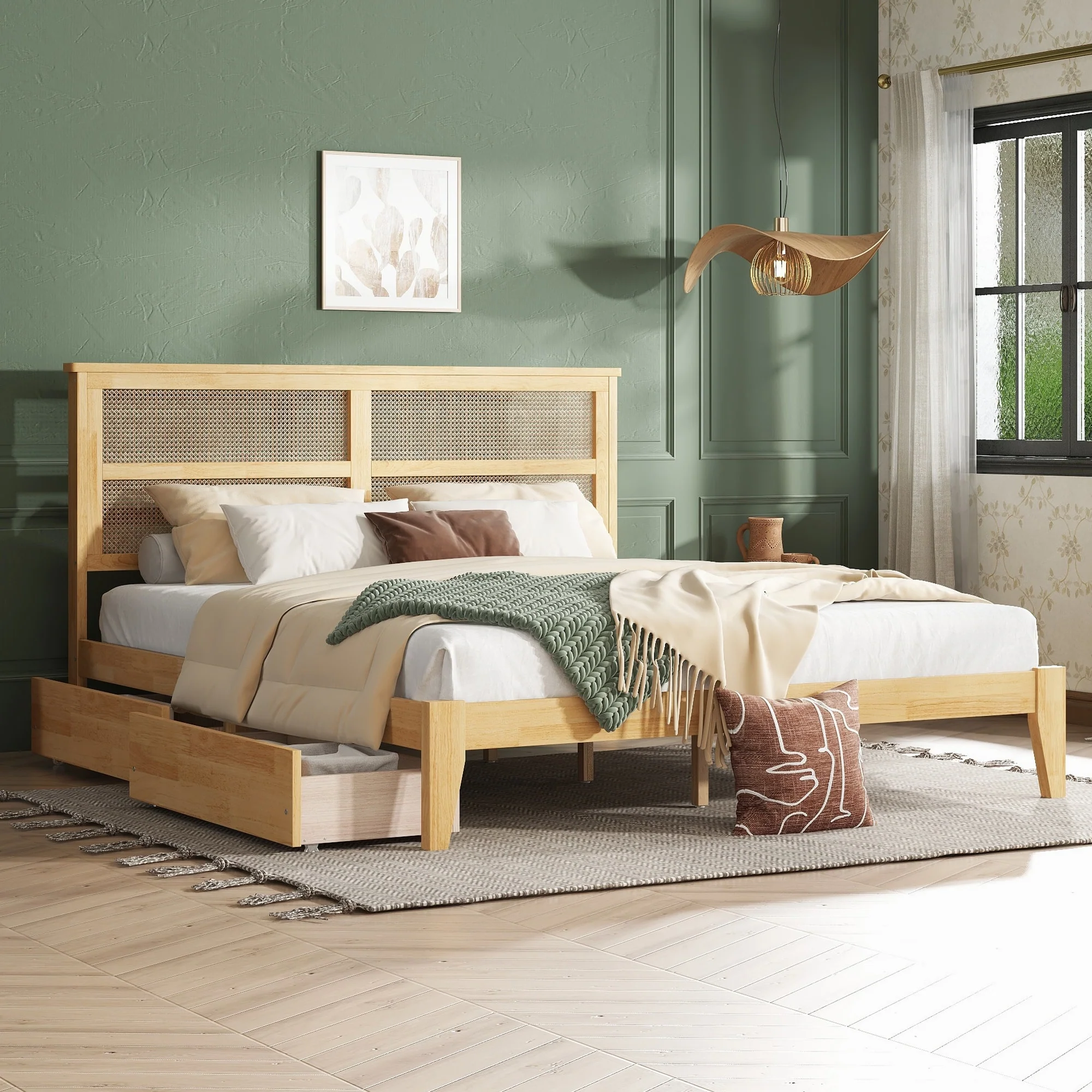 Bed with Rattan Headboard