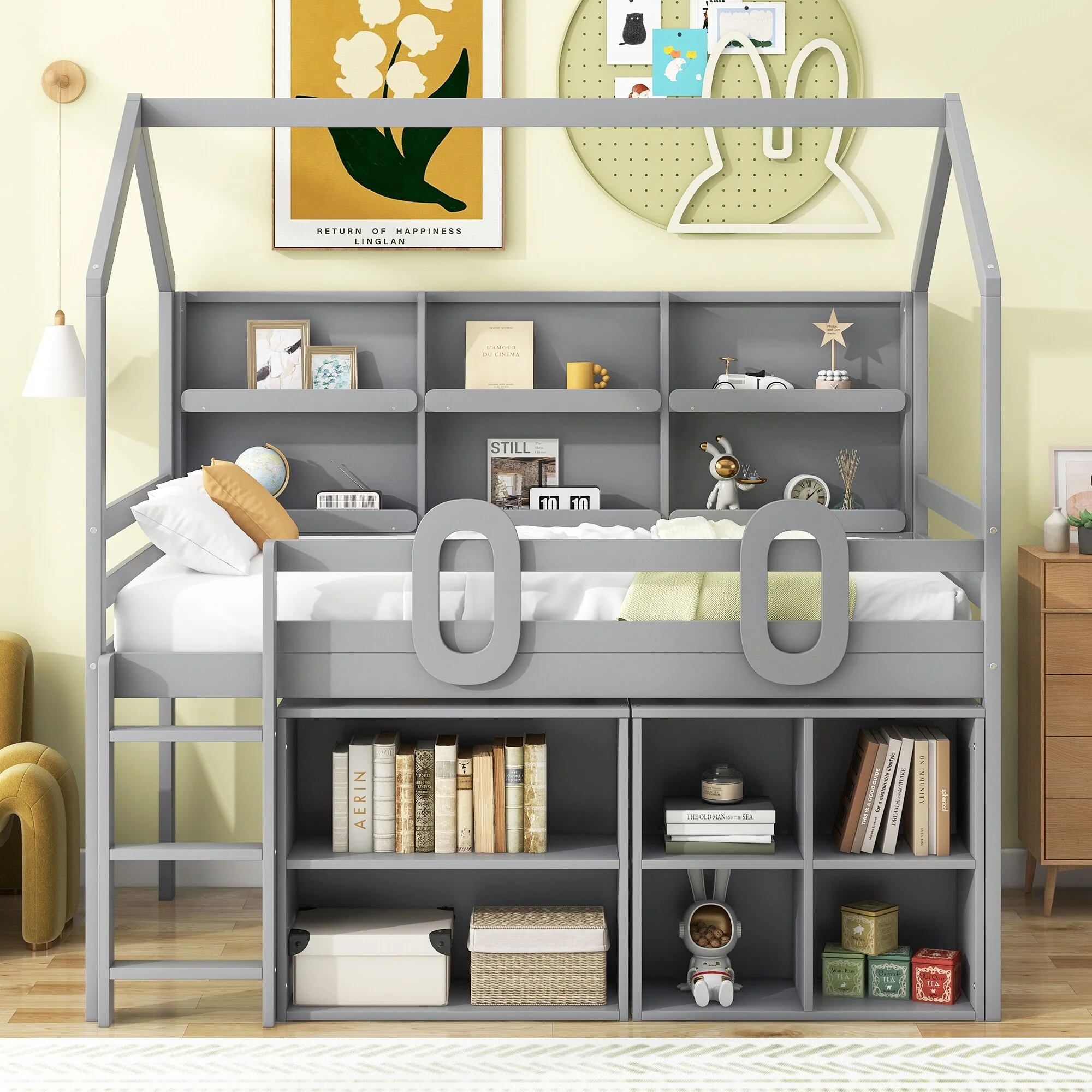 Grey Twin Solid Wood House Loft Bed