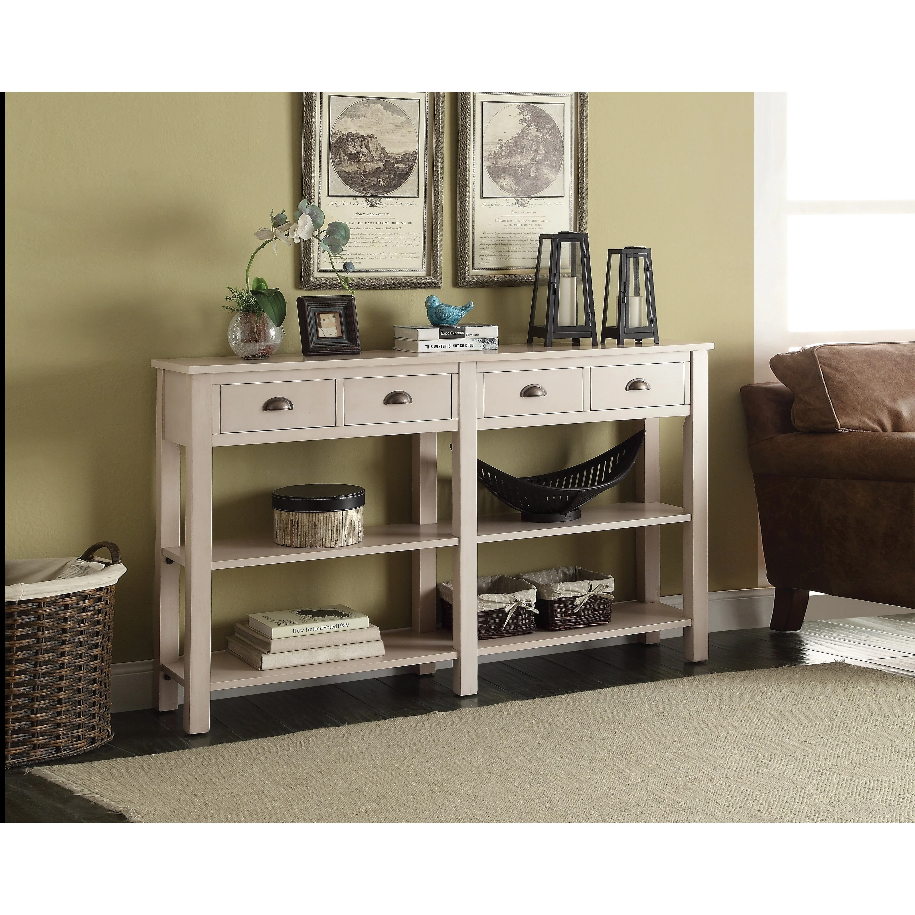 4-Drawer Console Table with 2 Shelf