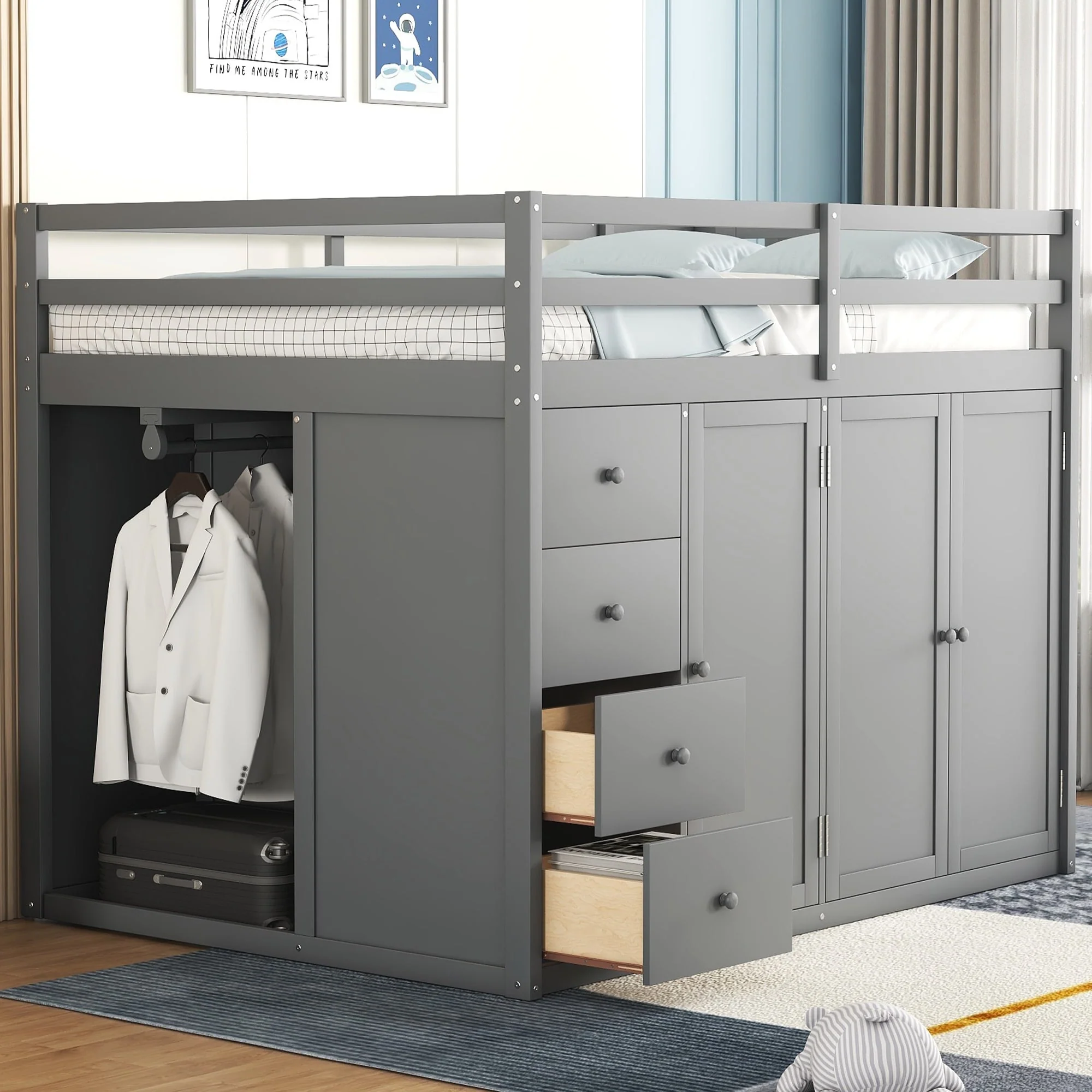 Wood Loft Bed With Built-in Wardrobes