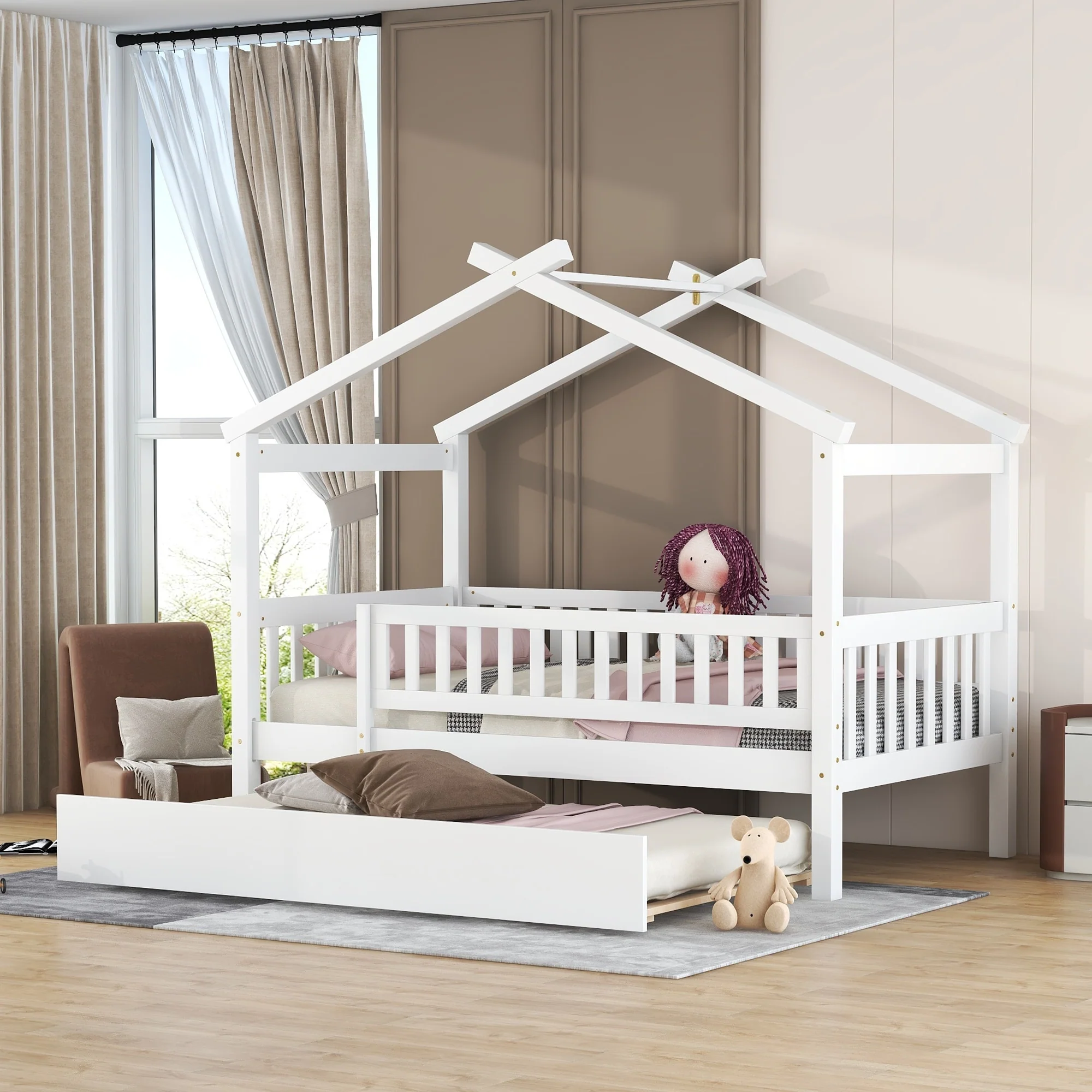 Wooden House Bed with Trundle