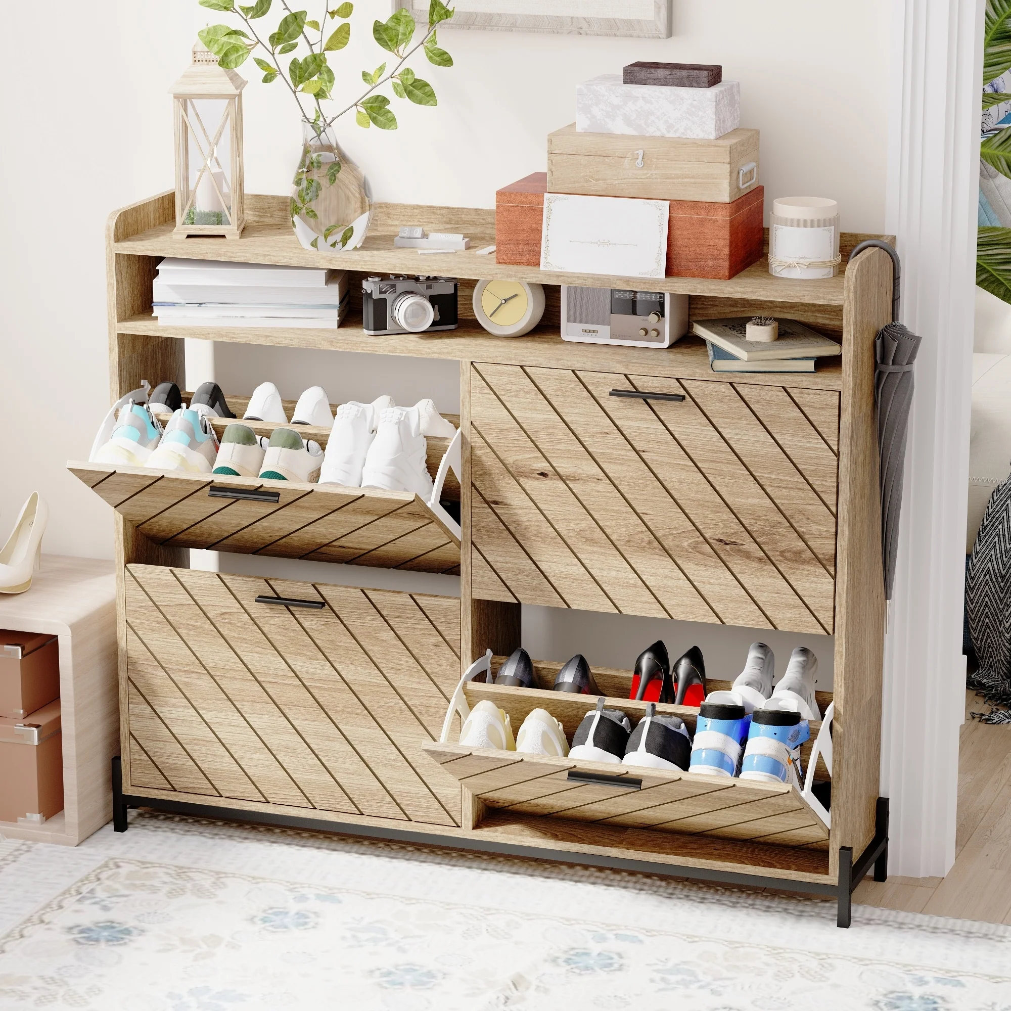 Rustic Grey Oak 4-Shelf Shoe Cabinet
