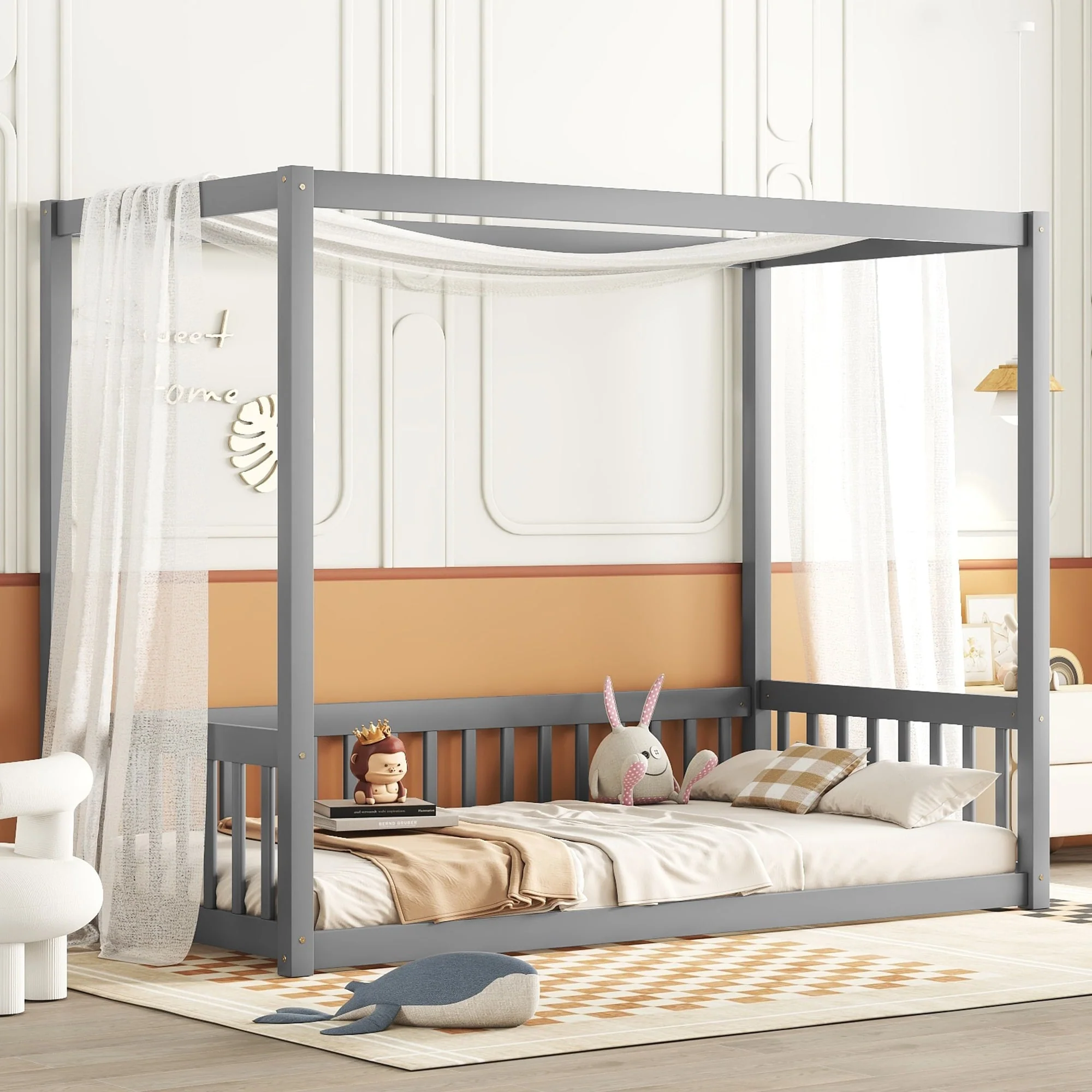 Canopy Frame Floor Bed with Fence