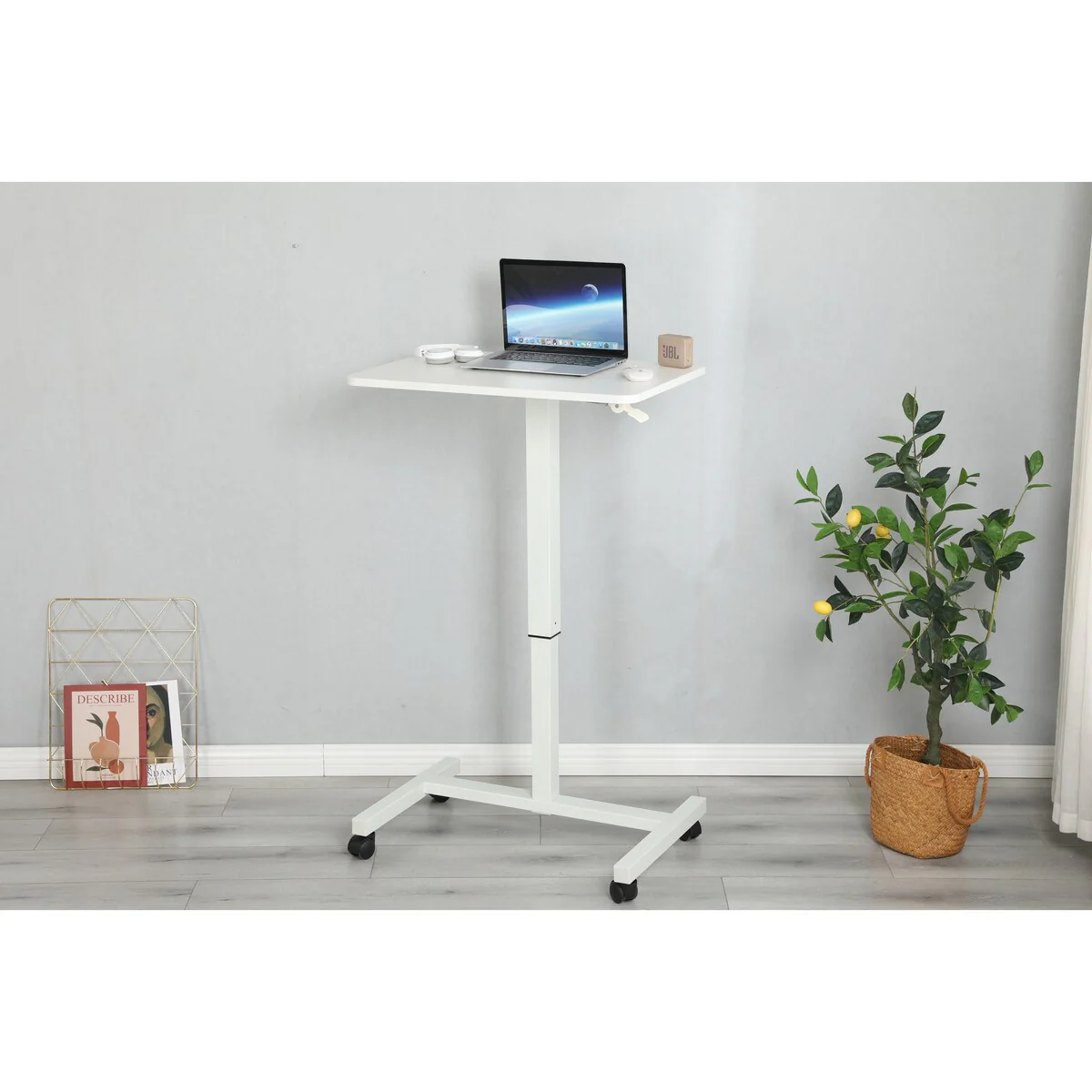 Single Leg Gas Spring Desk, White