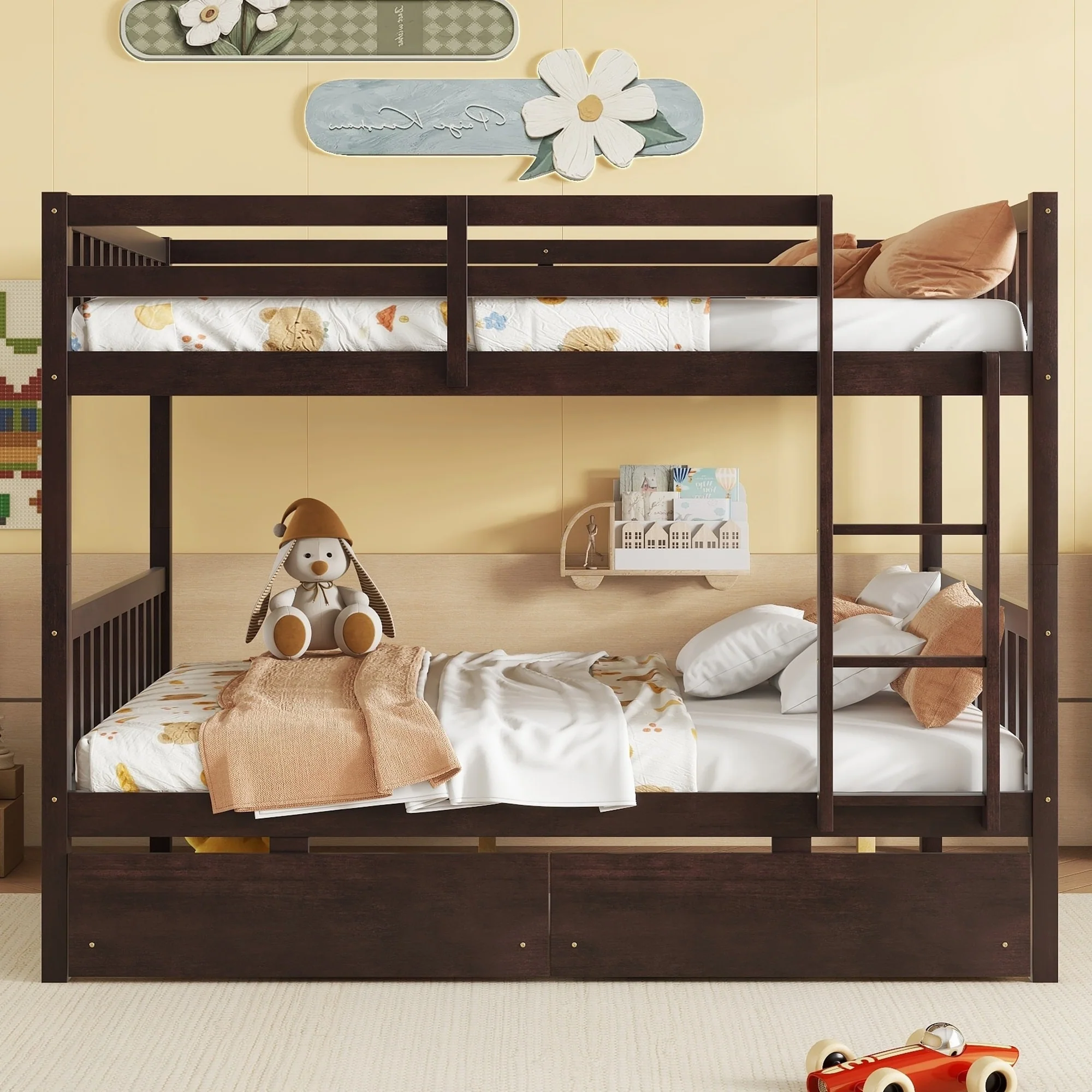 Rubber Wood Bunk Bed with 2 Drawers