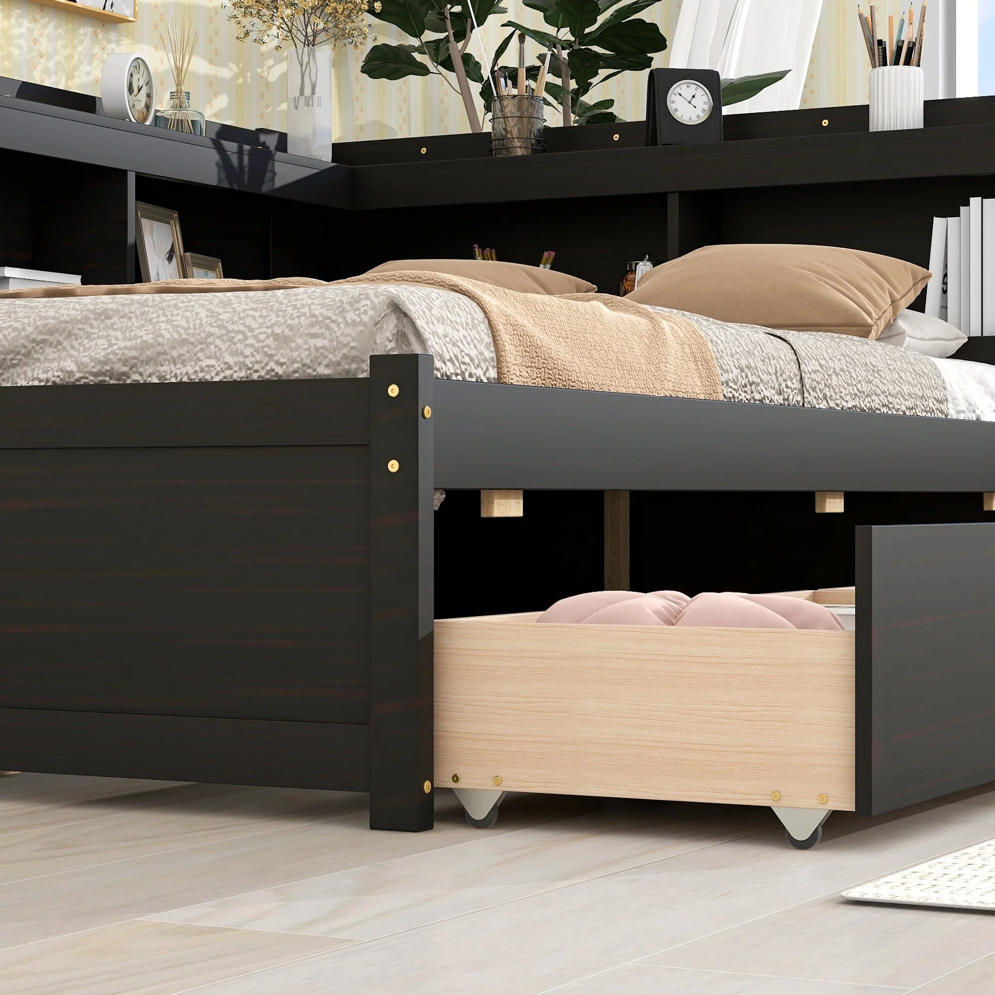 Bed with L-shaped Bookcases