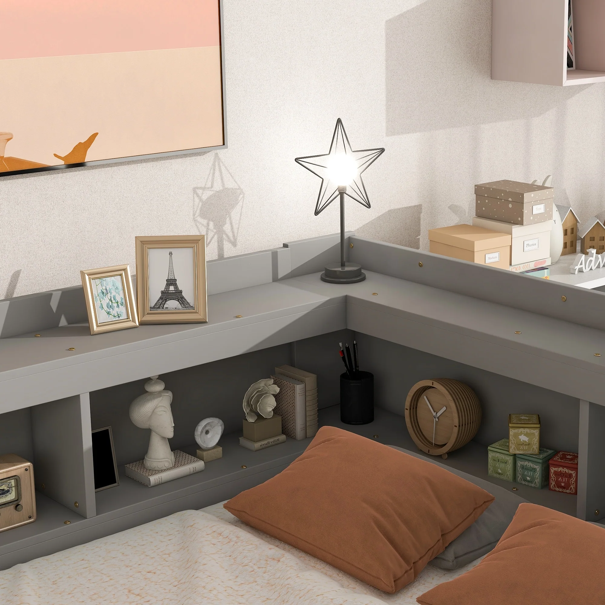 Bed with L-shaped Bookcases