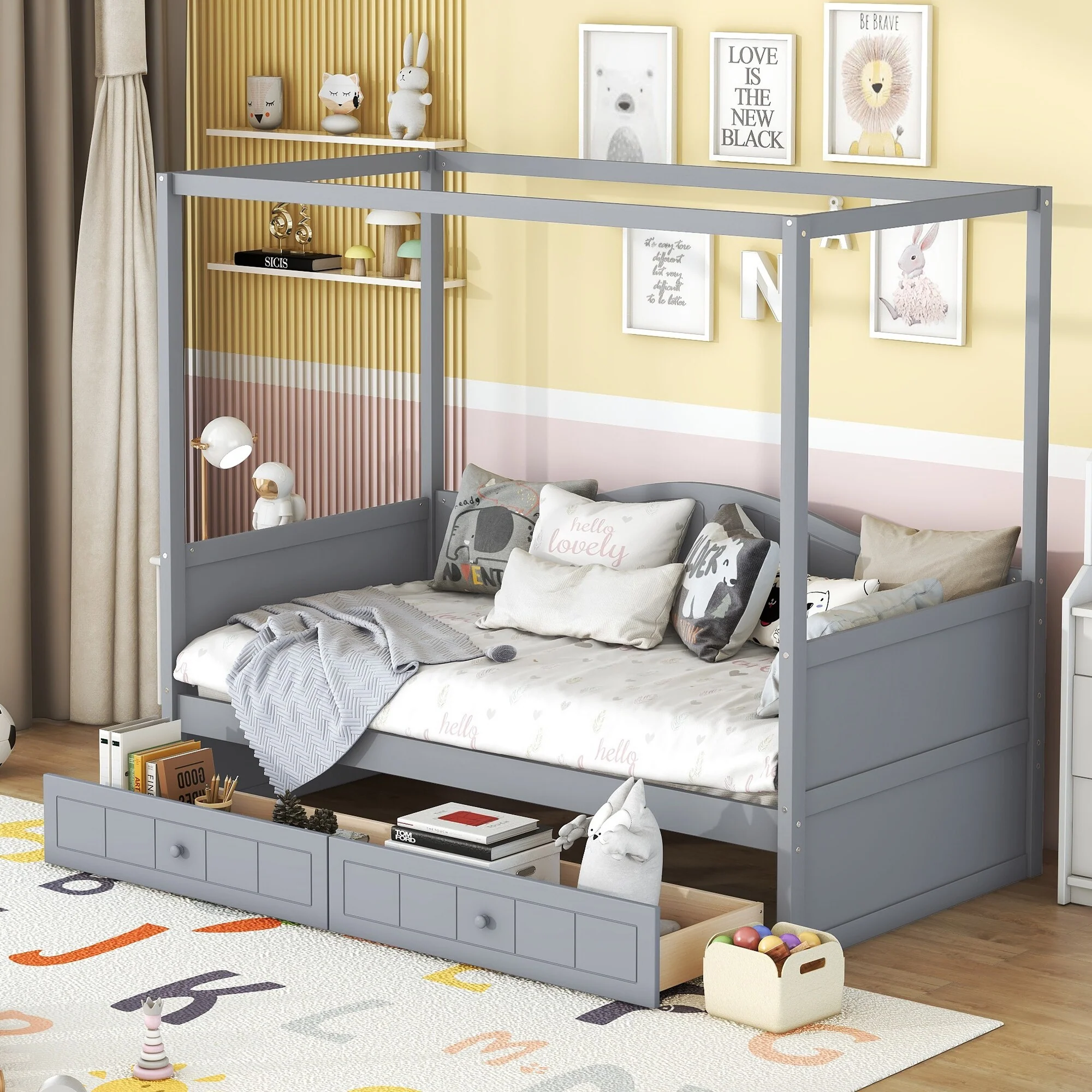 Gray Twin Canopy Day Bed, 2 Drawers