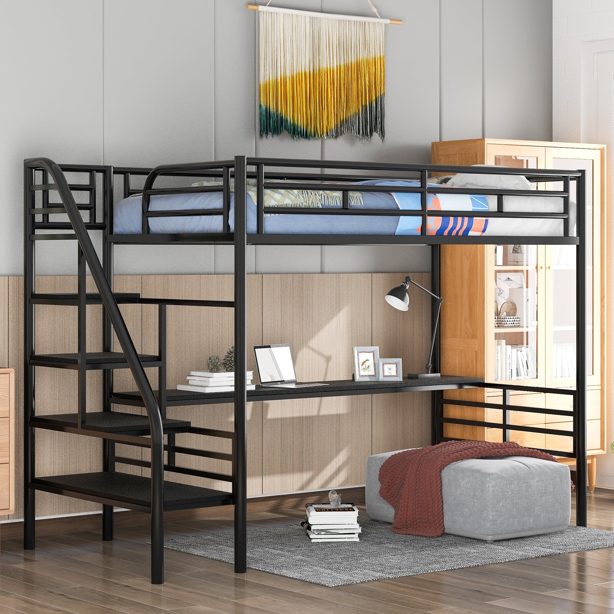 Metal Loft Bed Frame with Desk