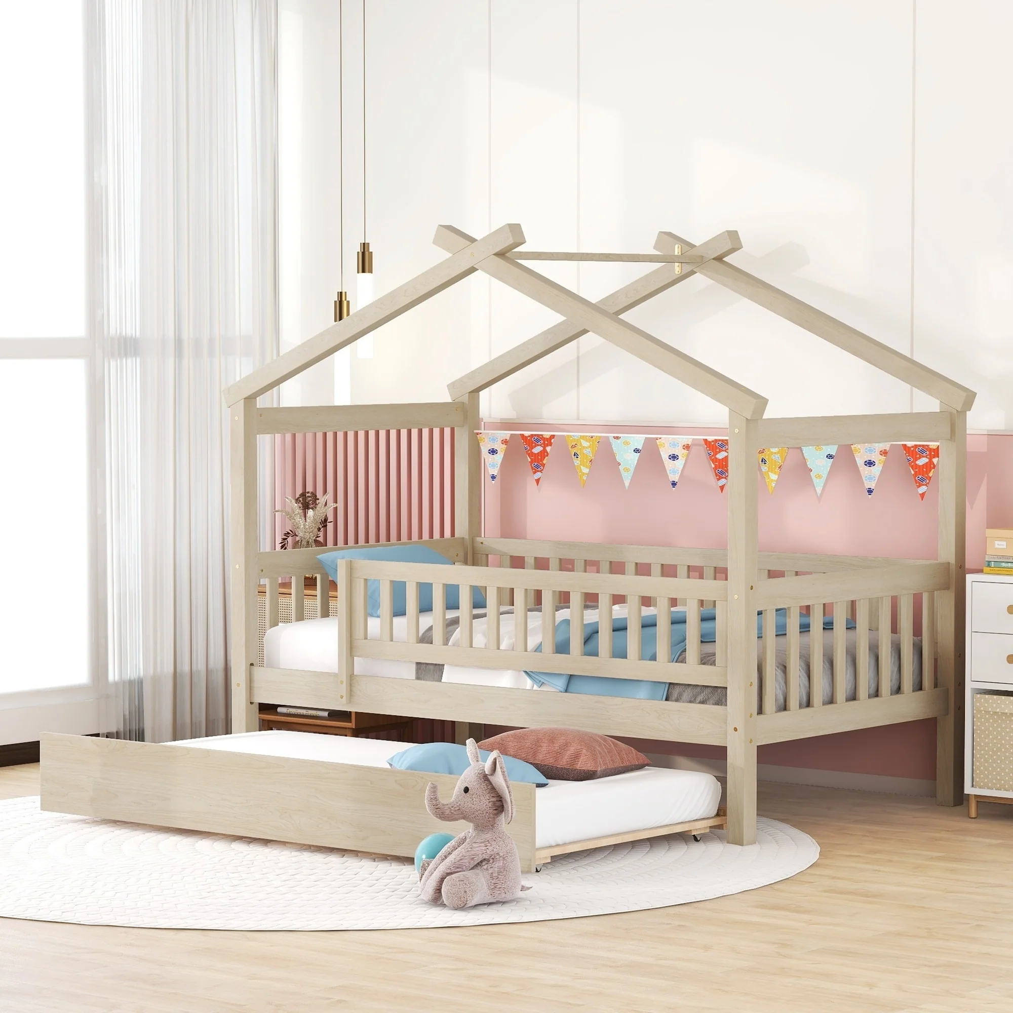 Wooden House Bed with Trundle