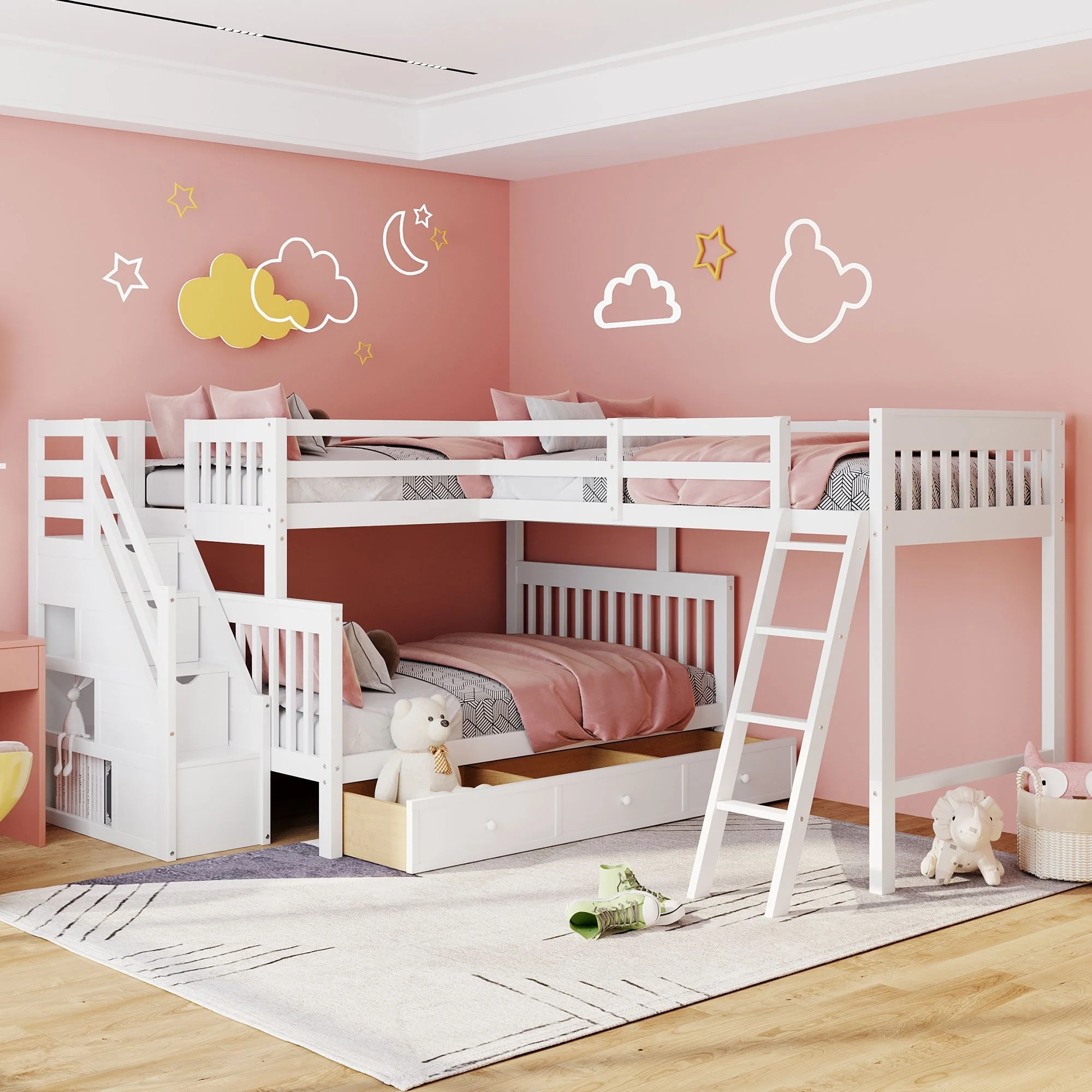 over L-Shaped Bunk Bed With 3 Drawers