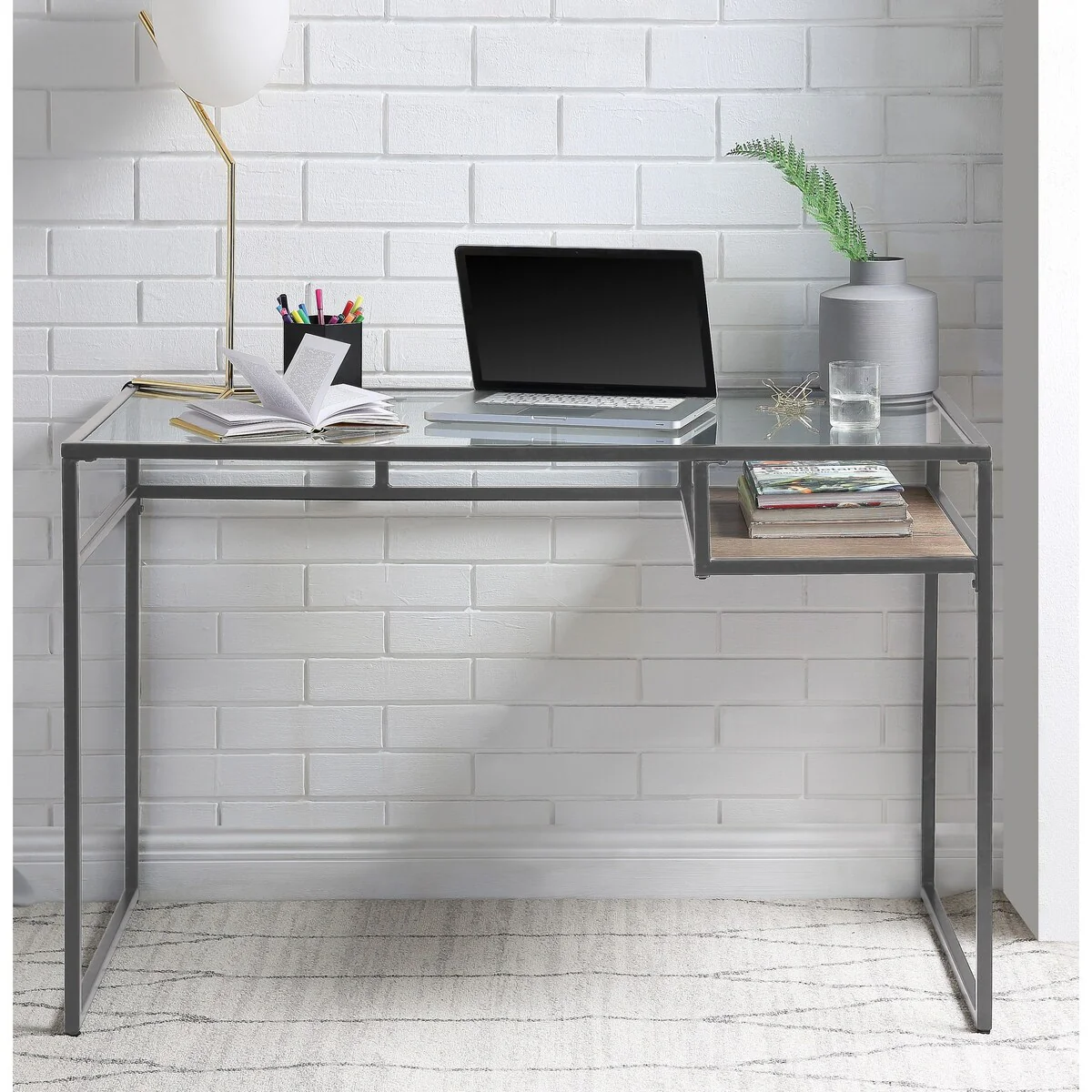 Writing Desk, Clear Glass & Grey