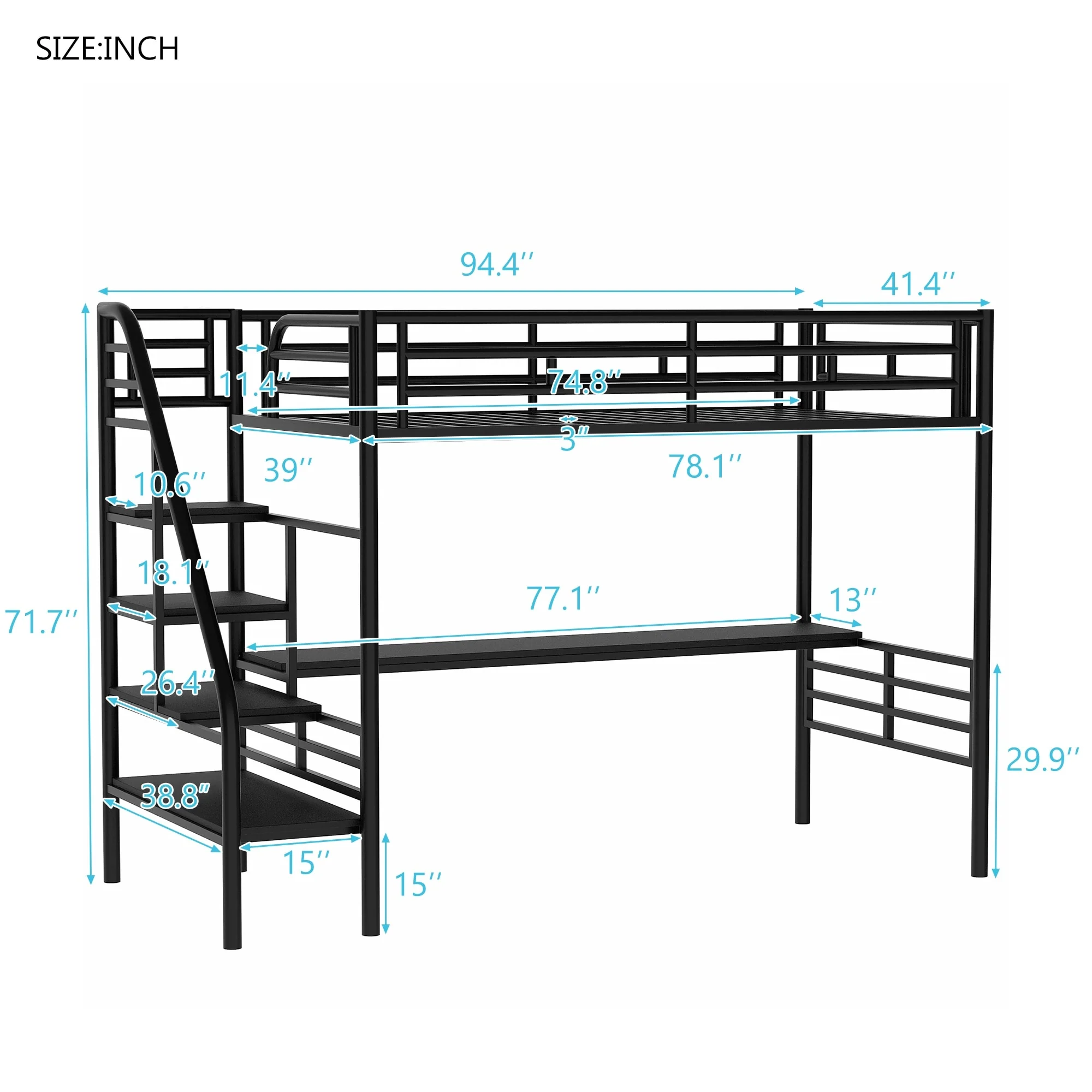 Metal Loft Bed Frame with Desk