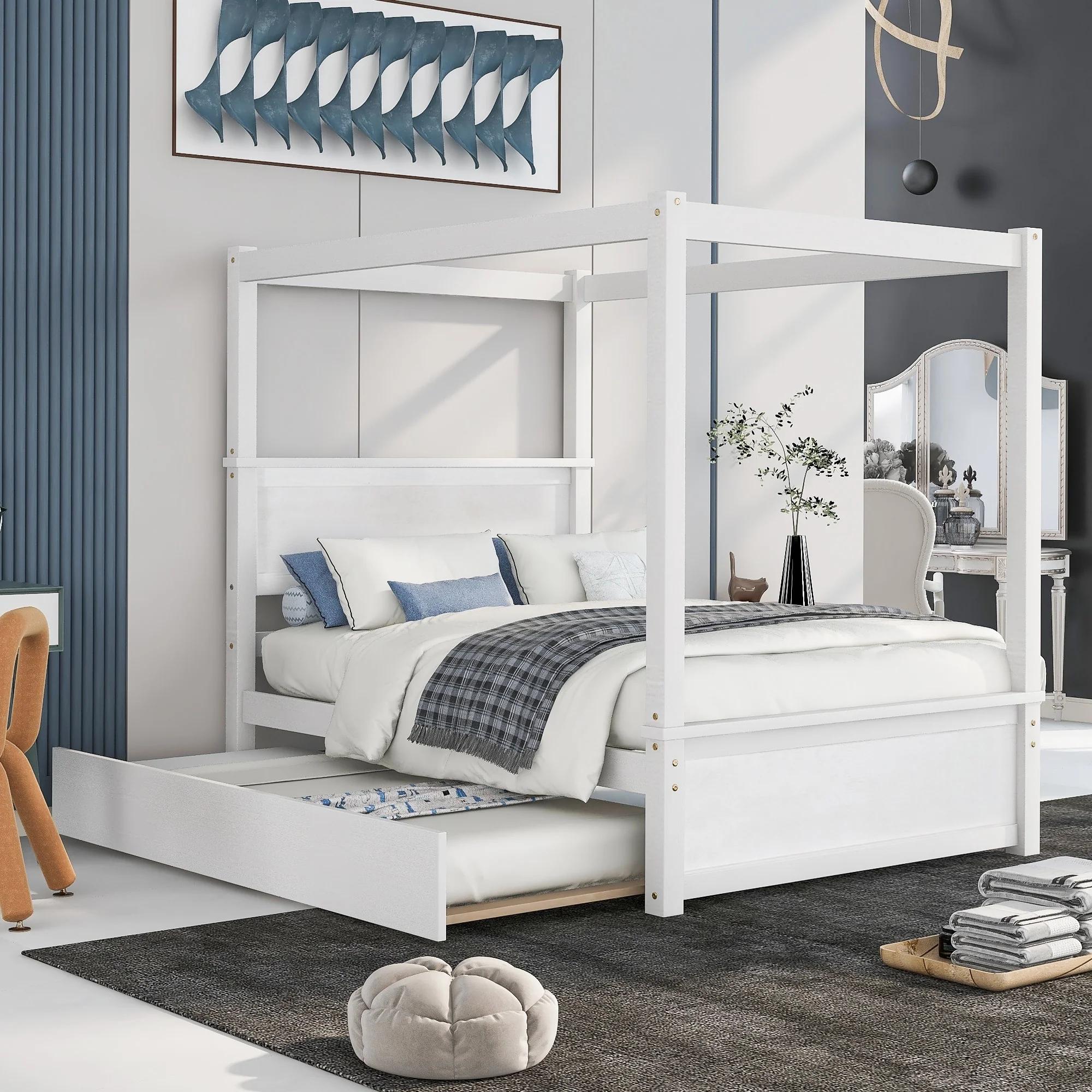 Wood Canopy Bed with Trundle Bed